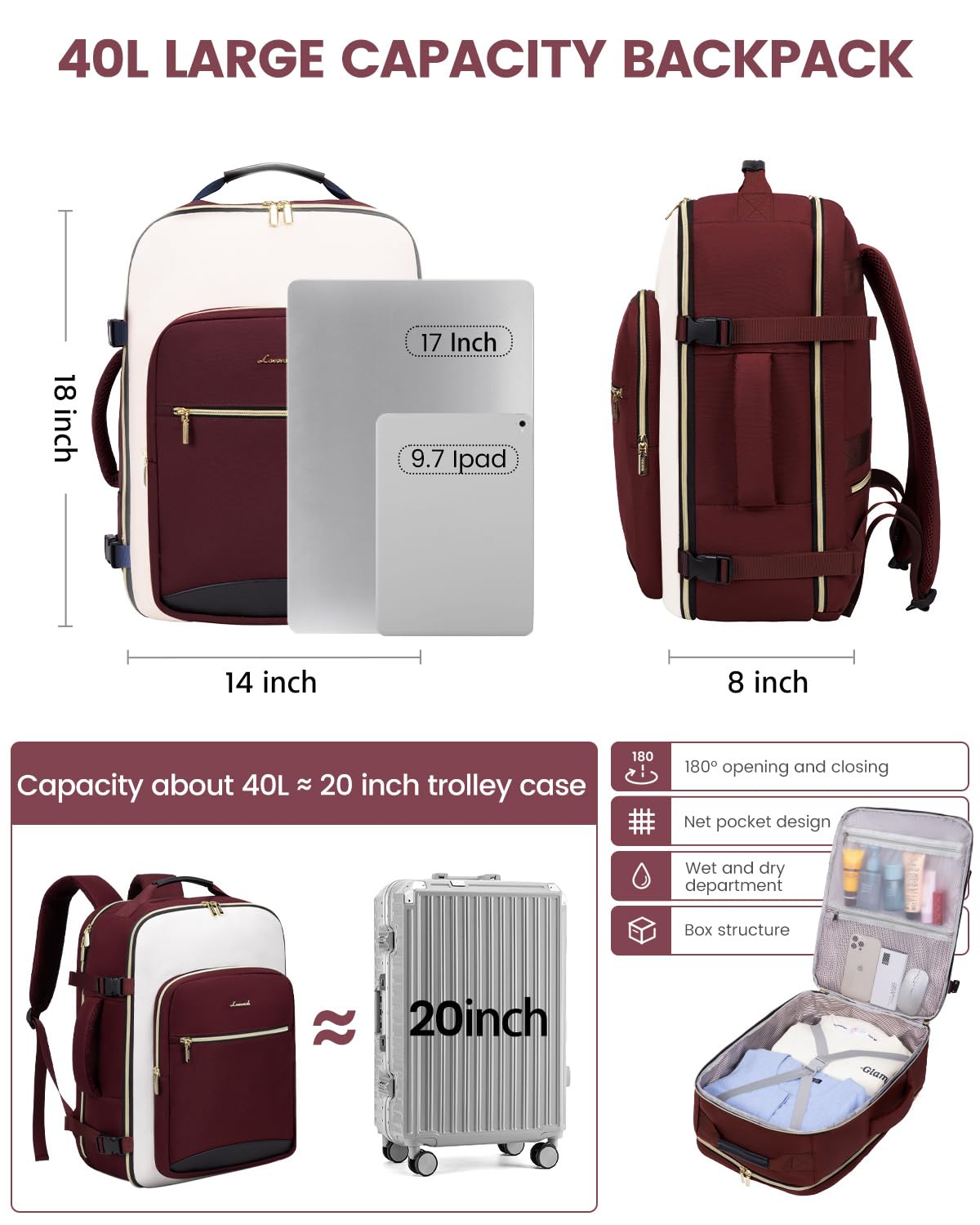 Foto 5 pulgar | Mochila De Viaje Lovevook Large 40l Impermeable Para Mujeres Y Hombres - Venta Internacional.