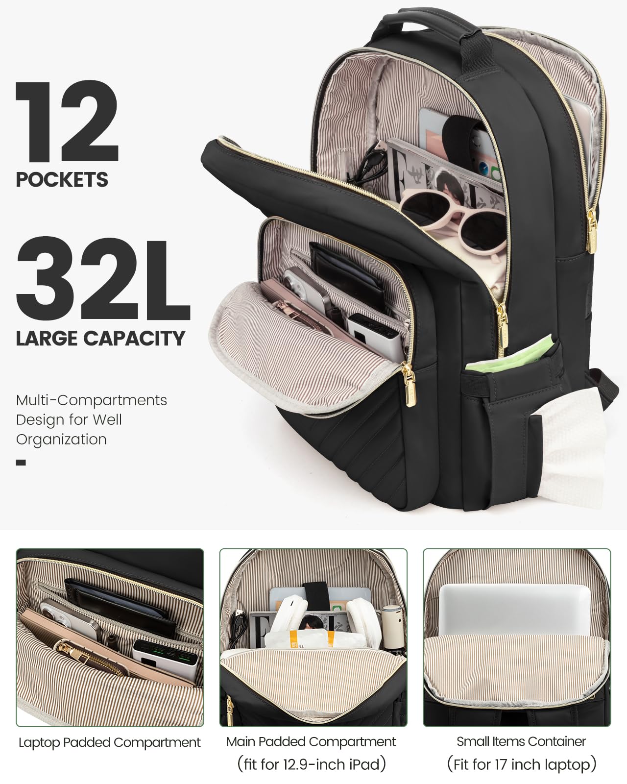 Foto 3 pulgar | Mochila Lovevook Para Portátil De 17 Pulgadas Con Puerto Usb Para Mujer, Color Negro - Venta Internacional.