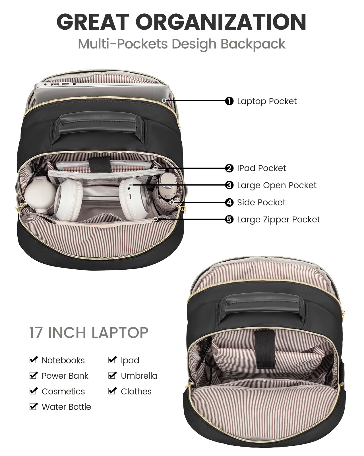 Foto 3 | Mochila Lovevook Para Portátil De 17 Pulgadas Con Puerto Usb Para Mujer, Color Negro - Venta Internacional.