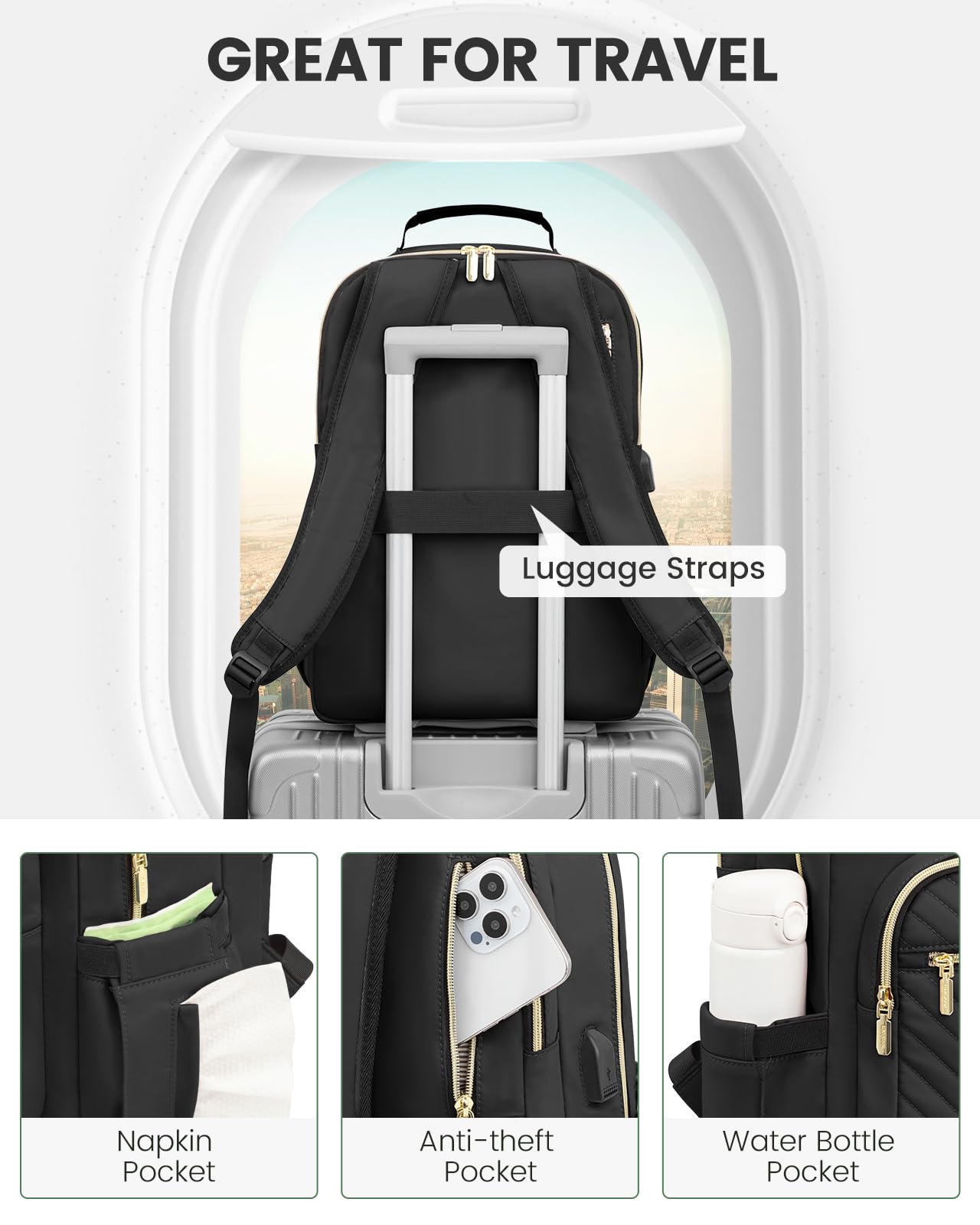 Foto 5 pulgar | Mochila Lovevook Para Portátil De 17 Pulgadas Con Puerto Usb Para Mujer, Color Negro - Venta Internacional.