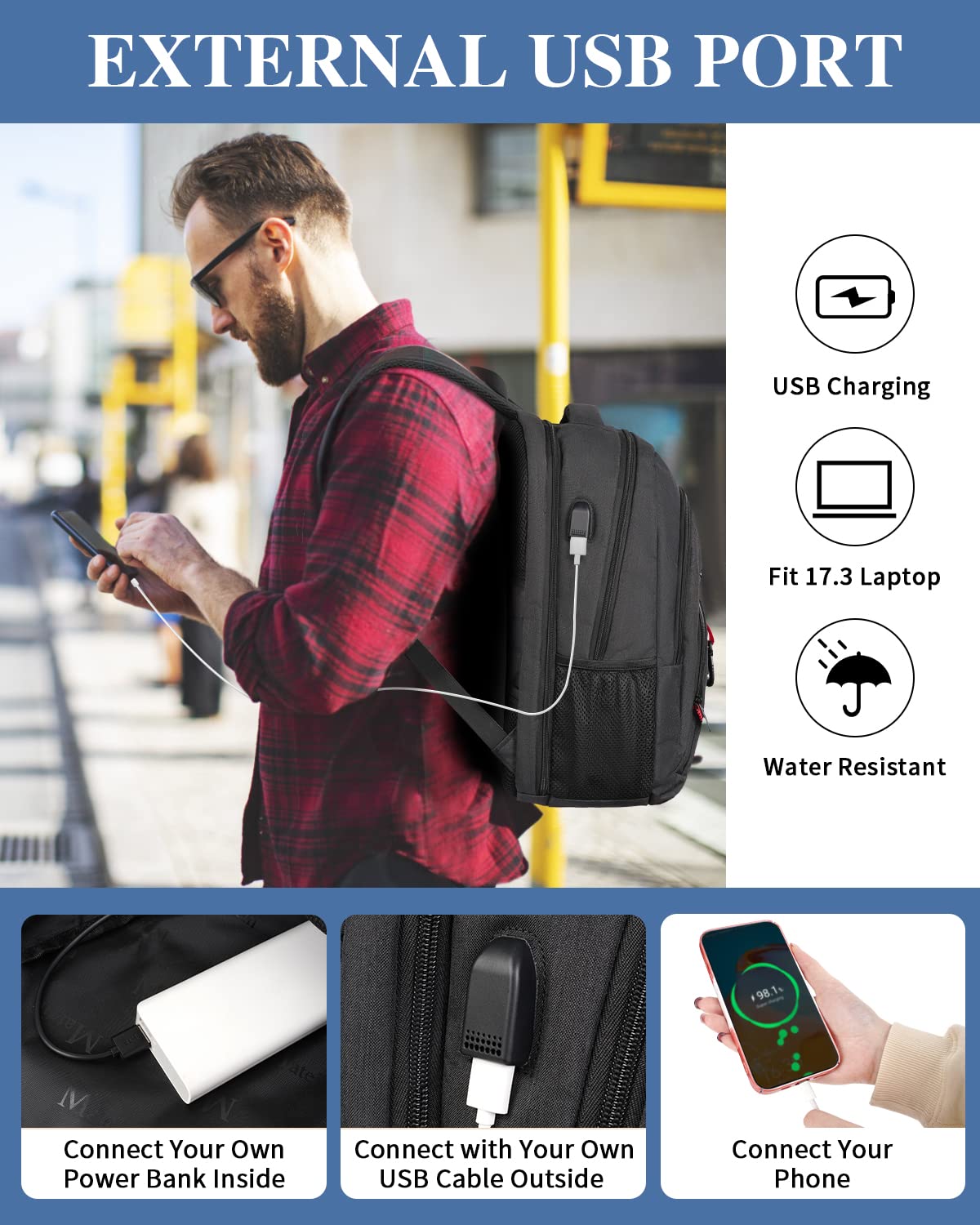 Foto 3 pulgar | Mochila Matein Antirrobo De Viaje Para Portátil Usb De 17 Pulgadas, Negra - Venta Internacional.