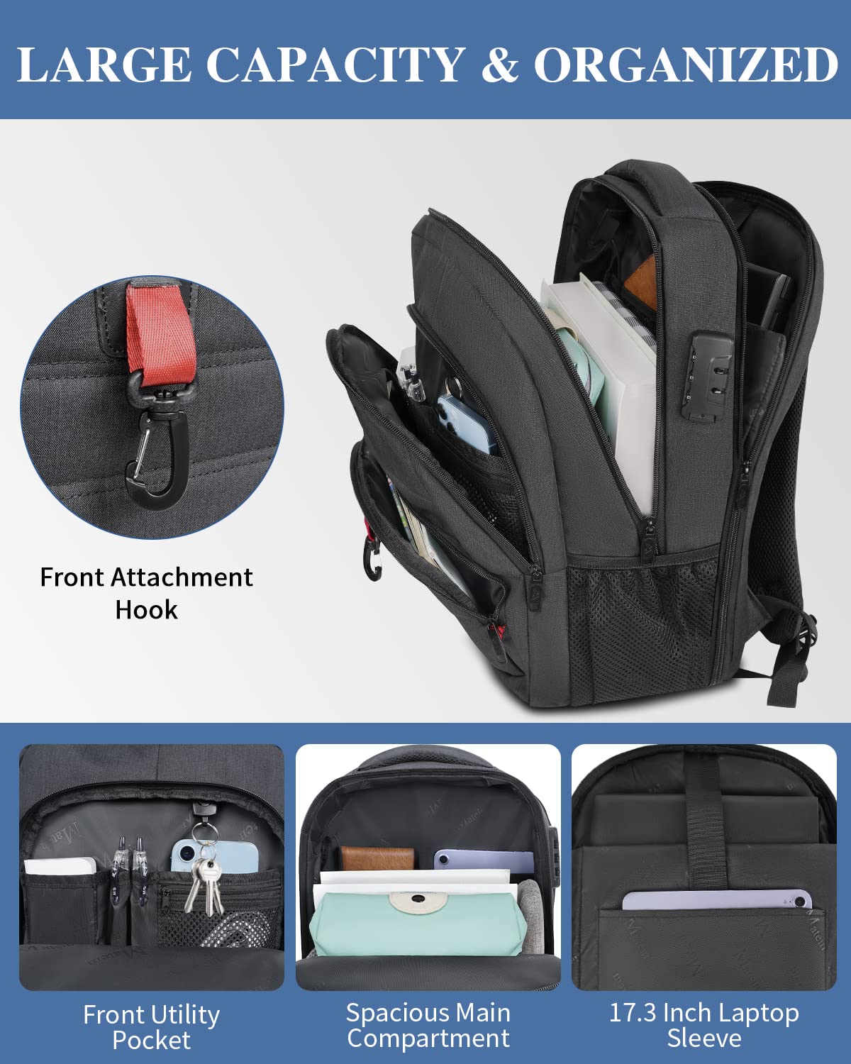 Foto 4 pulgar | Mochila Matein Antirrobo De Viaje Para Portátil Usb De 17 Pulgadas, Negra - Venta Internacional.