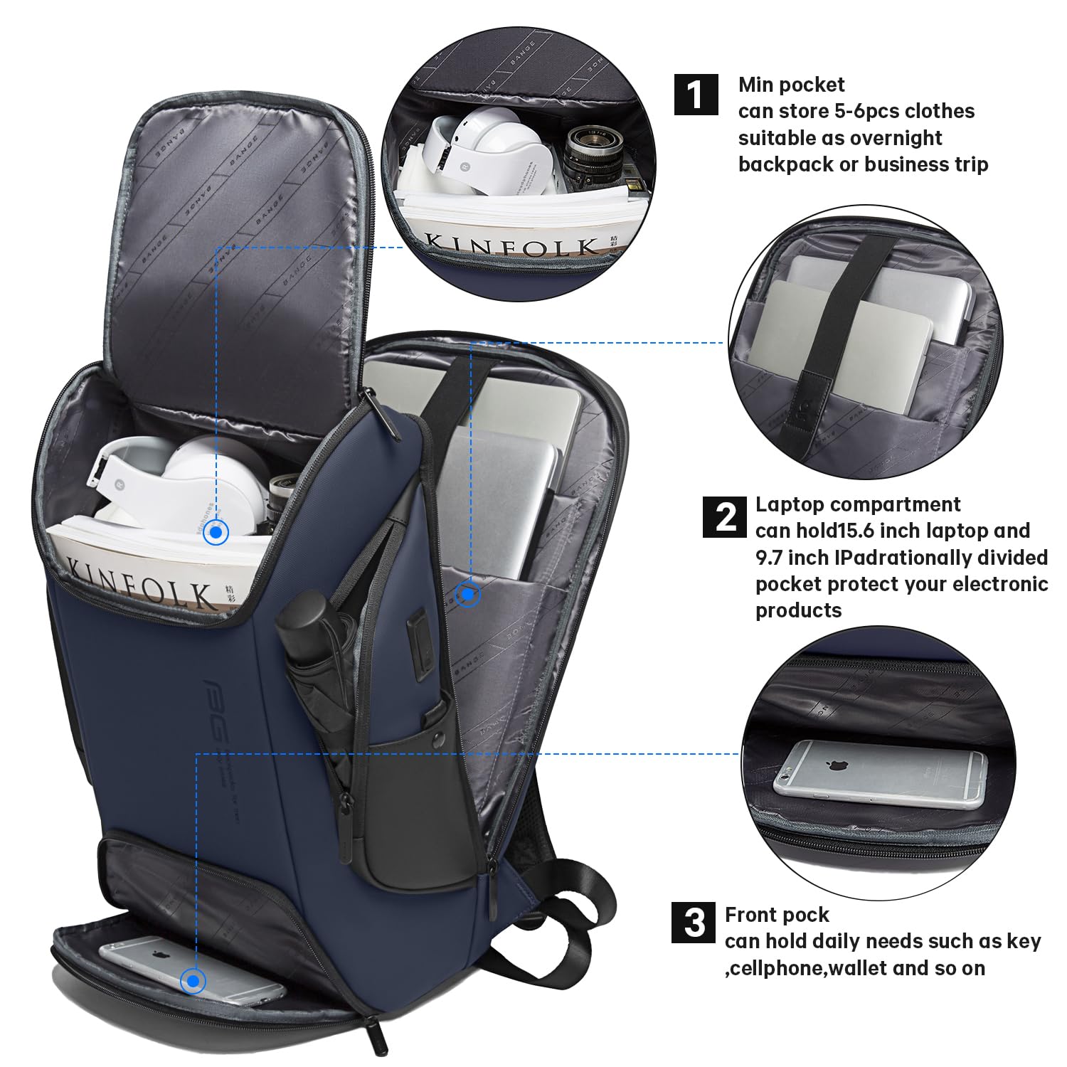 Foto 2 | Mochila Bange Business Laptop Smart 15.6'' Impermeable Azul - Venta Internacional.