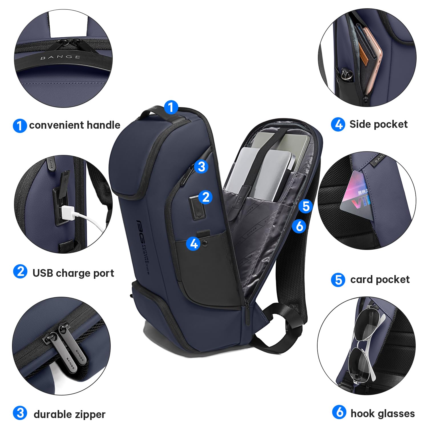 Foto 5 pulgar | Mochila Bange Business Laptop Smart 15.6'' Impermeable Azul - Venta Internacional.