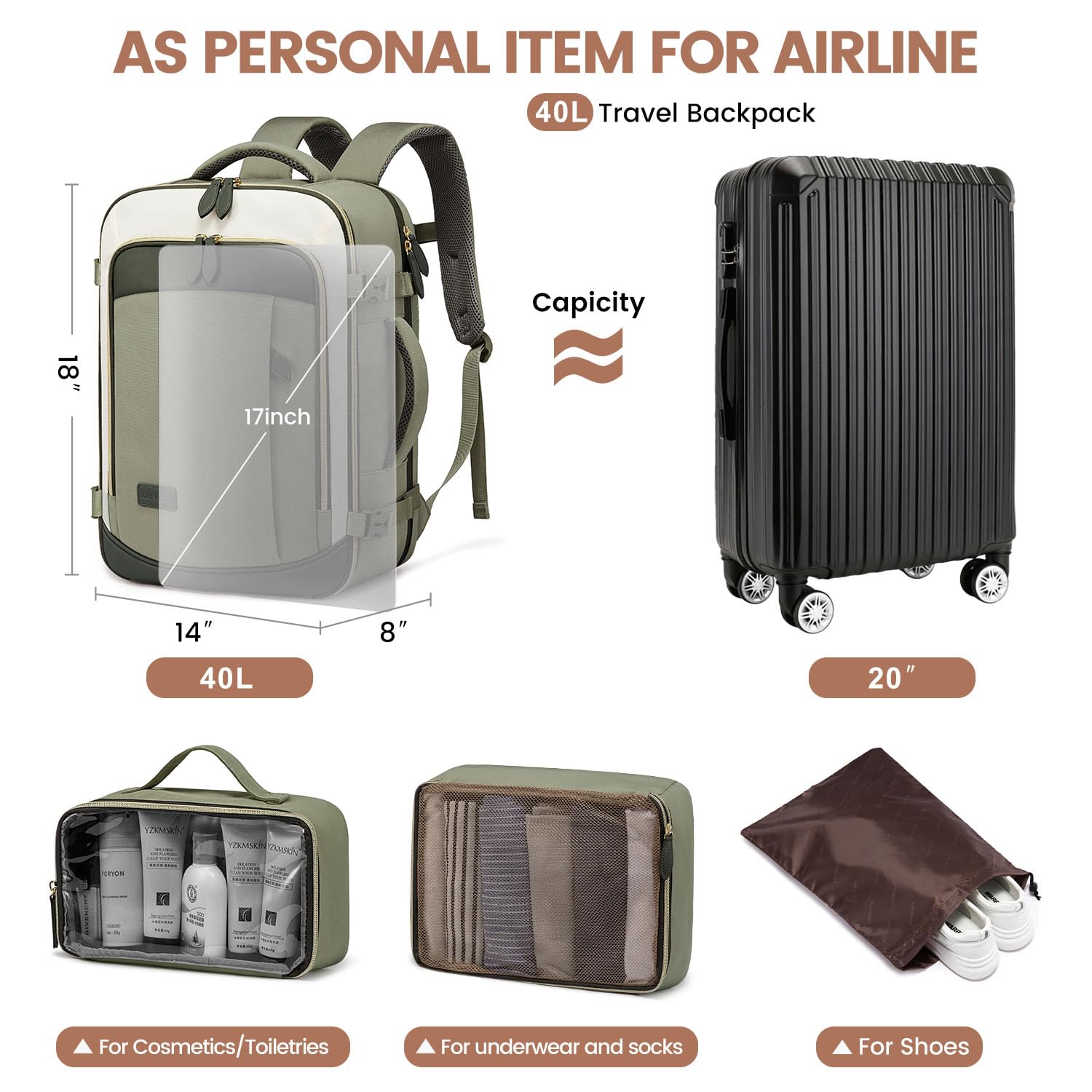 Foto 5 | Mochila De Viaje Lovevook De 40 Litros Con 3 Cubos De Embalaje Para Mujer - Venta Internacional.