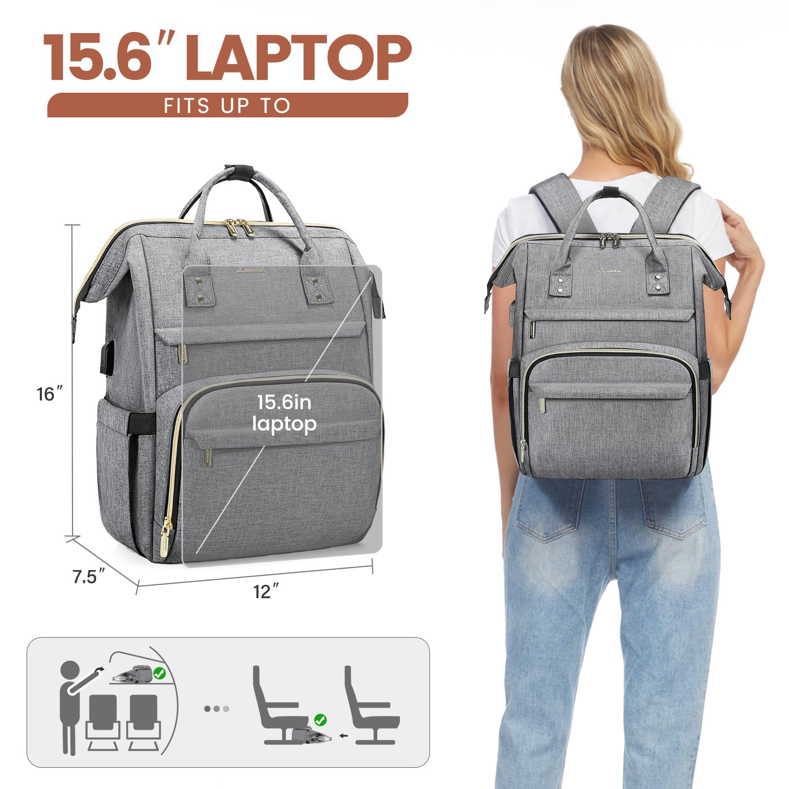 Foto 7 pulgar | Mochila Para Portátil Lovevook Para Mujer, 15.6 Pulgadas, Impermeable, Gris - Venta Internacional.