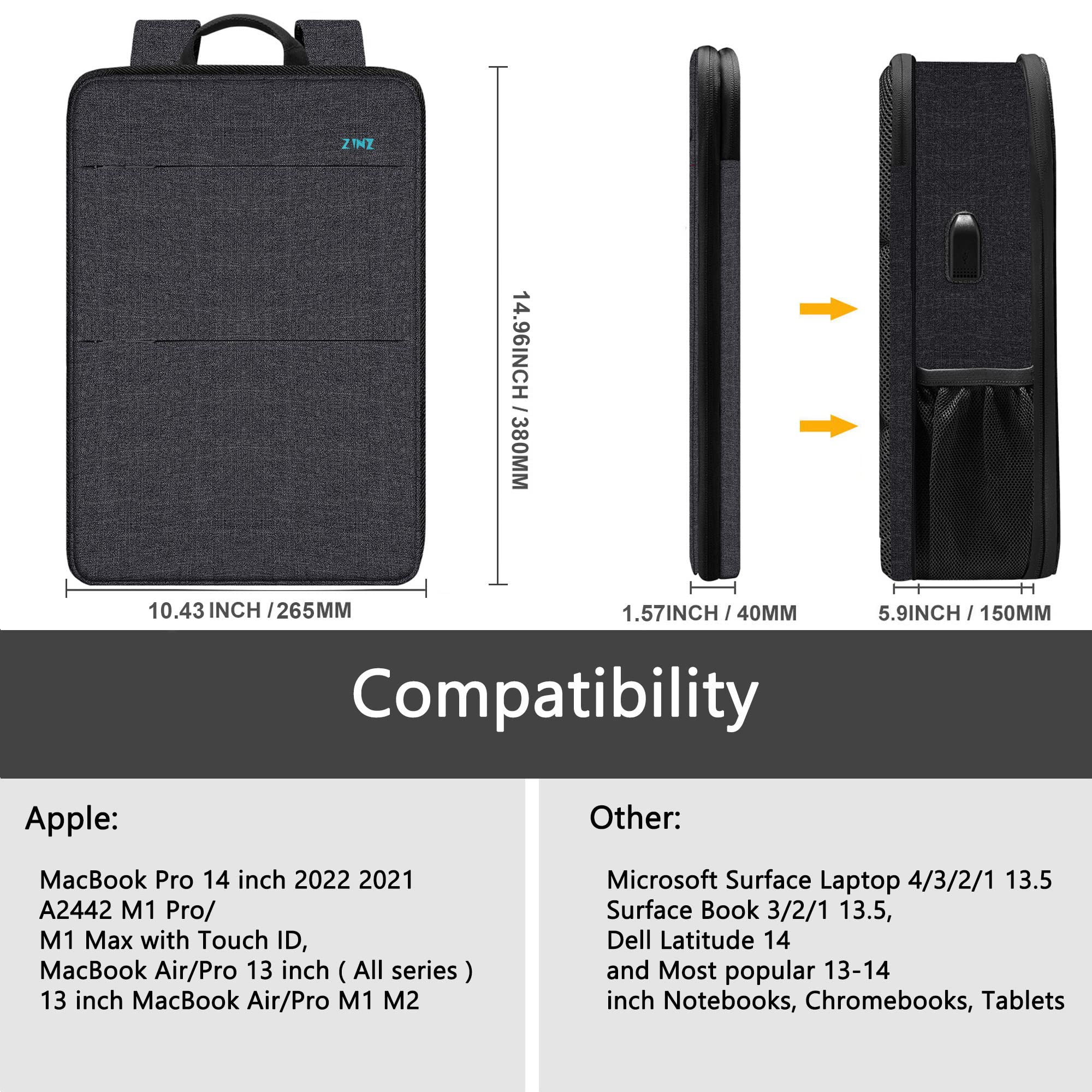 Foto 3 pulgar | Mochila Para Portátil Zinz Delgada Y Ampliable, Resistente Al Agua De 13 A 14 Pulgadas - Venta Internacional.