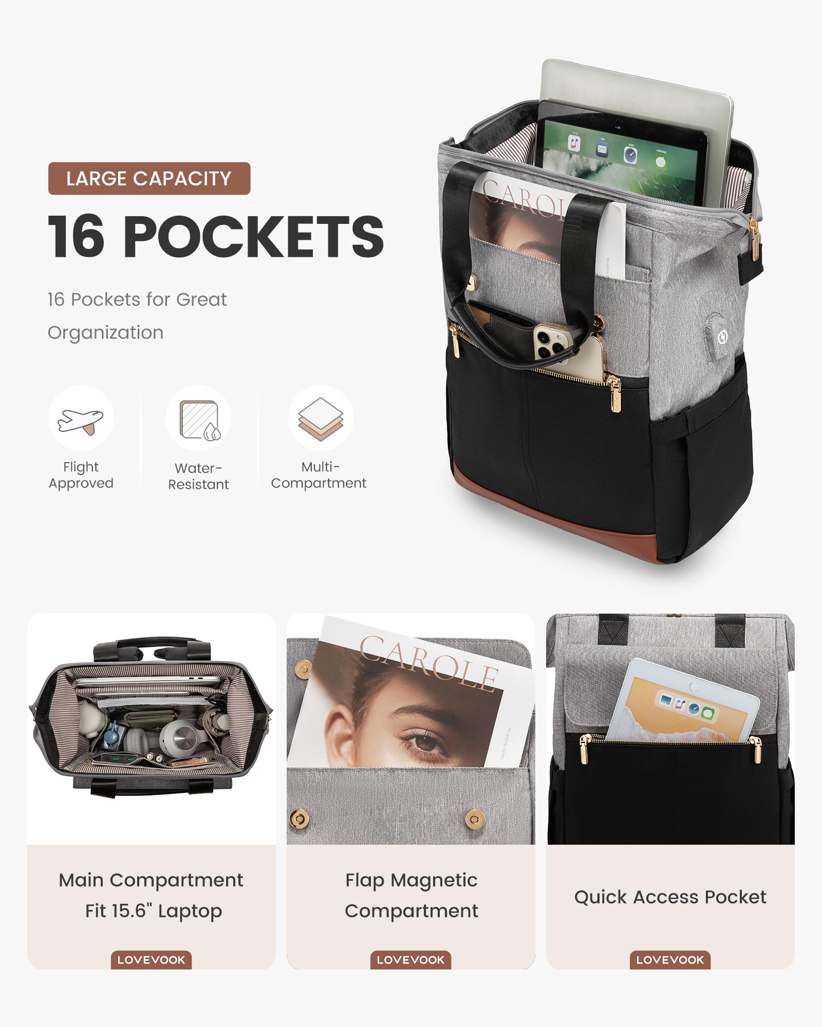 Foto 3 pulgar | Mochila Para Portátil Lovevook Para Mujer De 15.6 Pulgadas Con Puerto Usb Gris-negro - Venta Internacional.