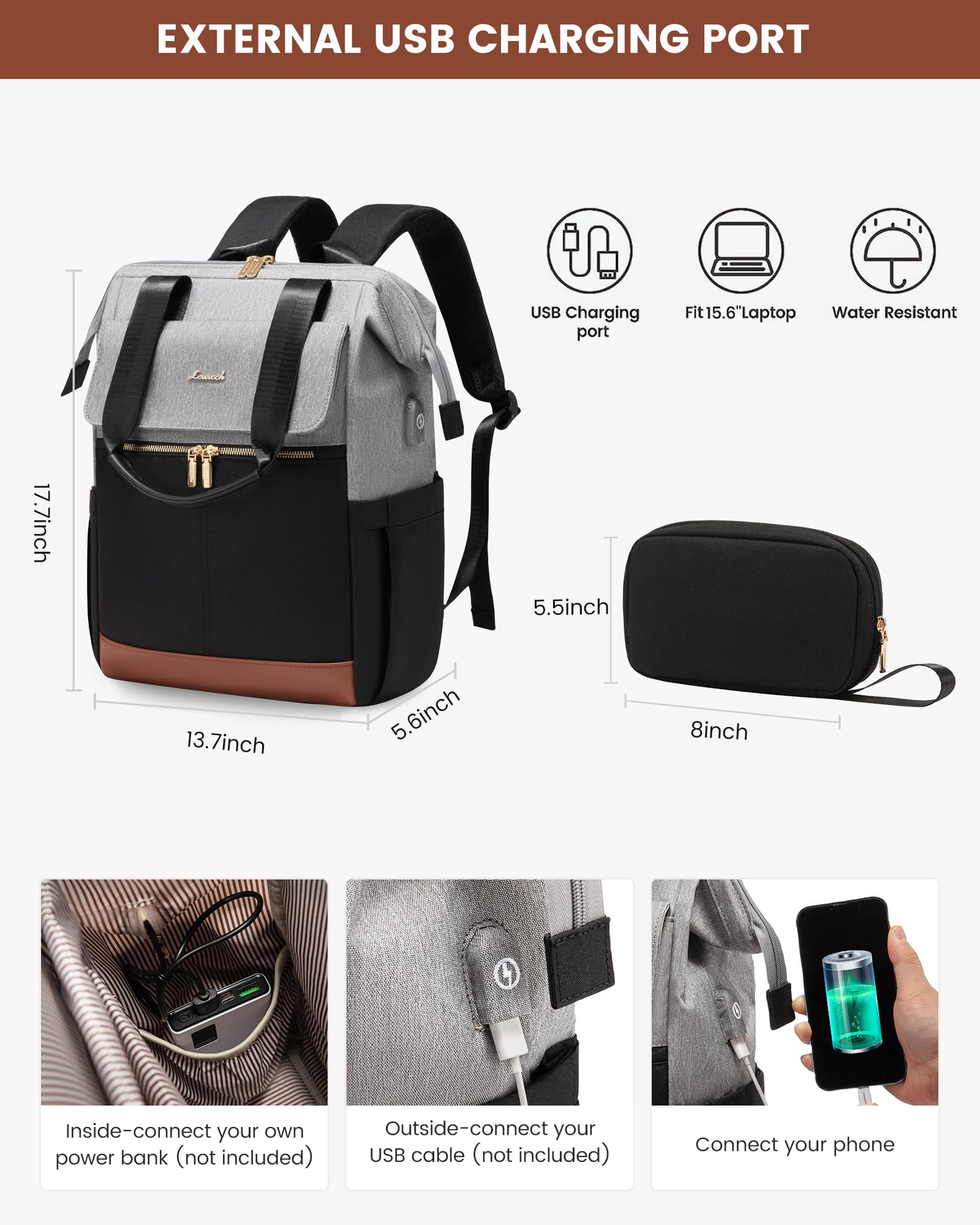 Foto 5 pulgar | Mochila Para Portátil Lovevook Para Mujer De 15.6 Pulgadas Con Puerto Usb Gris-negro - Venta Internacional.