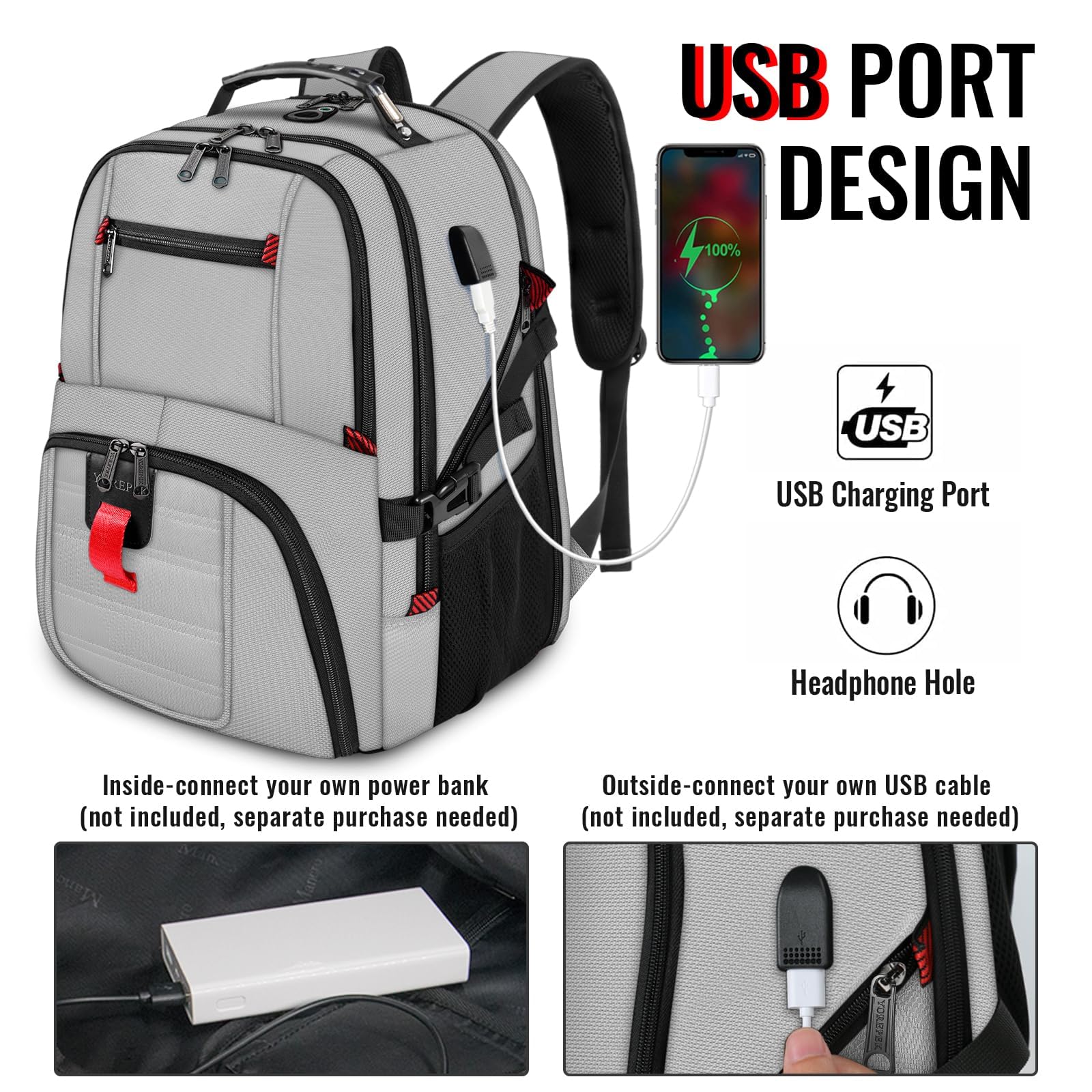 Foto 3 | Mochila De Viaje Yorepek Extra Grande De 50 Litros Con Portátil Usb De 17 Pulgadas - Venta Internacional.