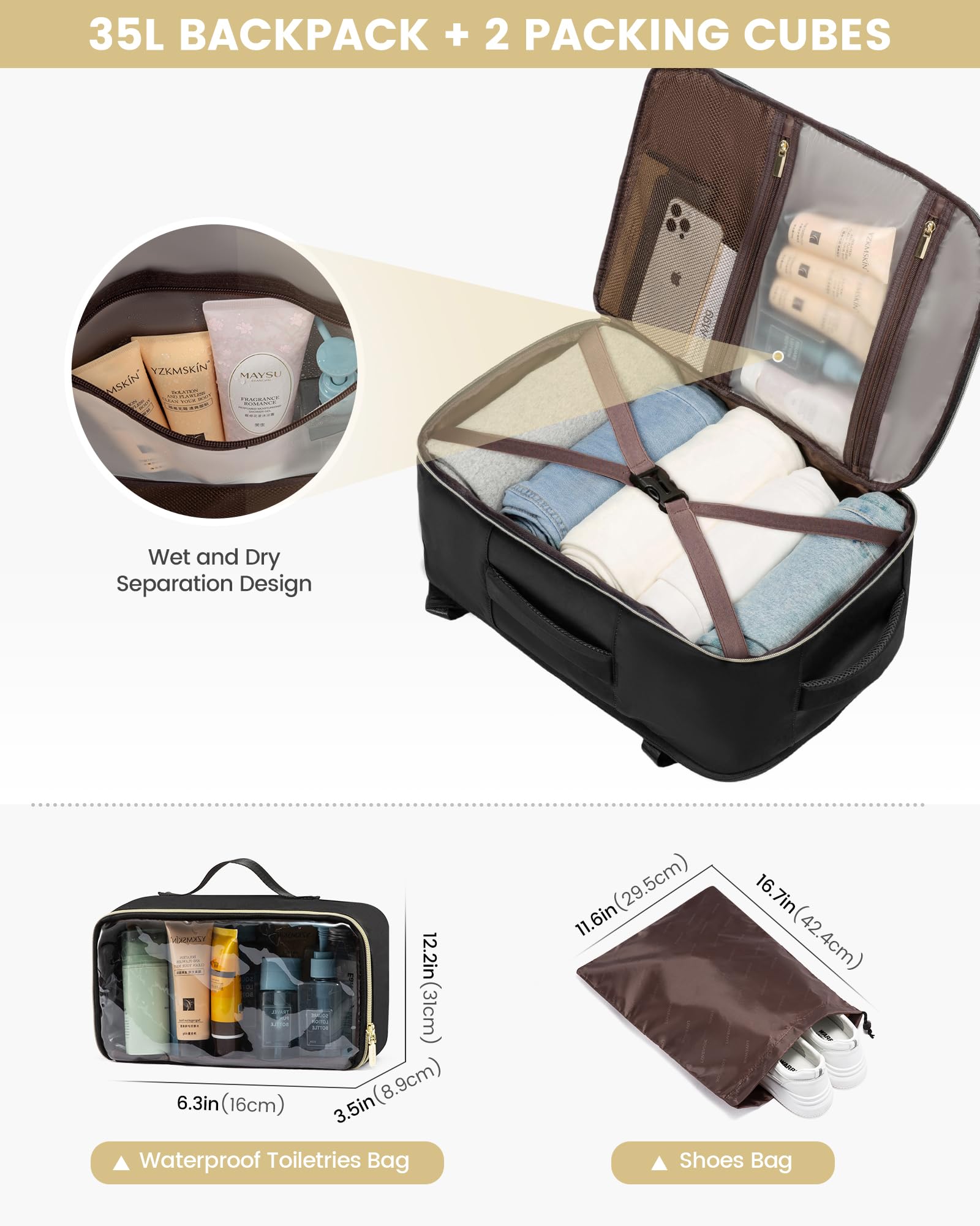 Foto 6 pulgar | Mochila De Viaje Lovevook Carry On 35l Impermeable Negra - Venta Internacional.