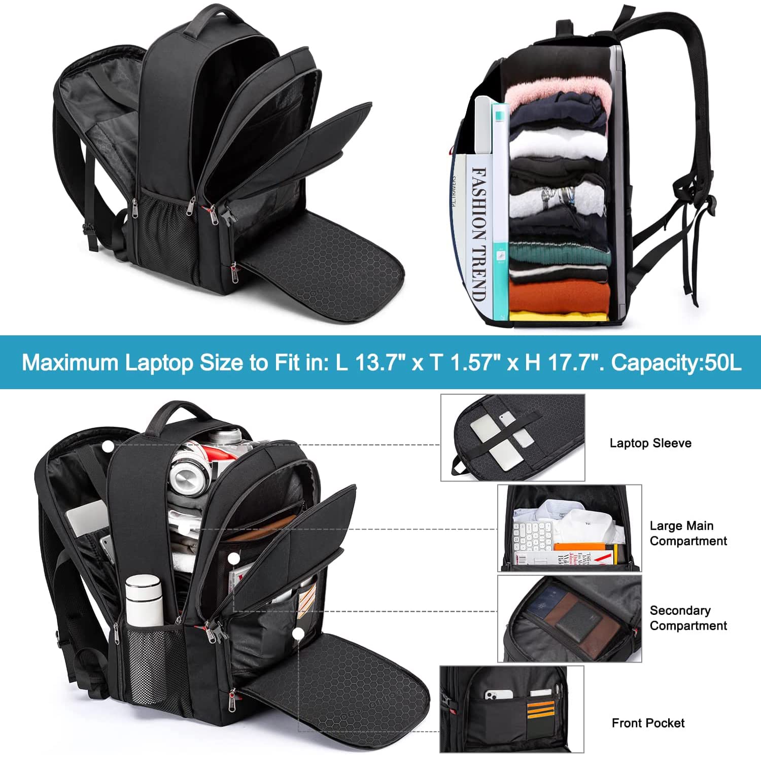 Foto 3 pulgar | Mochila Della Gao Para Portátil Extra Grande De 50 Litros Con Usb, Color Negro - Venta Internacional.