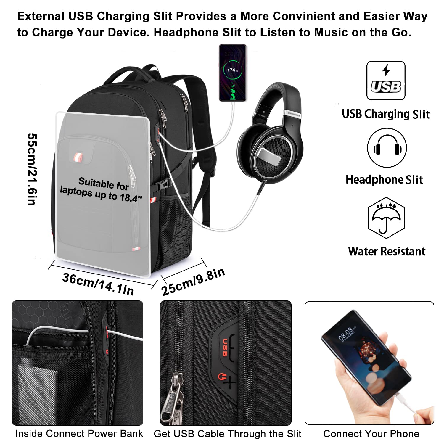 Foto 5 pulgar | Mochila Della Gao Para Portátil Extra Grande De 50 Litros Con Usb, Color Negro - Venta Internacional.