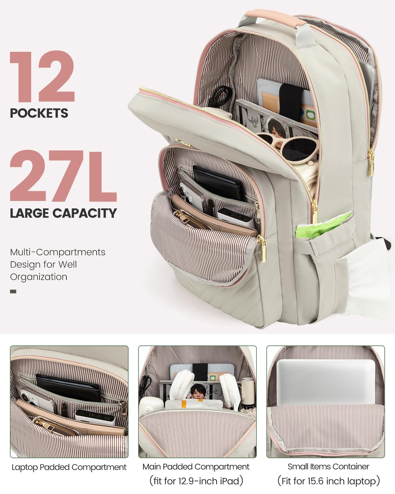 Foto 3 pulgar | Mochila Lovevook Para Portátil De 15.6 Pulgadas Con Puerto Usb Para Mujer, Gris Y Rosa - Venta Internacional.