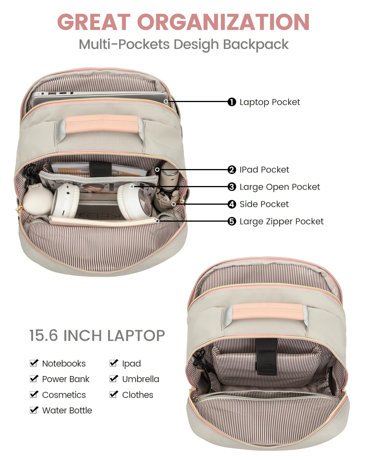 Foto 4 pulgar | Mochila Lovevook Para Portátil De 15.6 Pulgadas Con Puerto Usb Para Mujer, Gris Y Rosa - Venta Internacional.