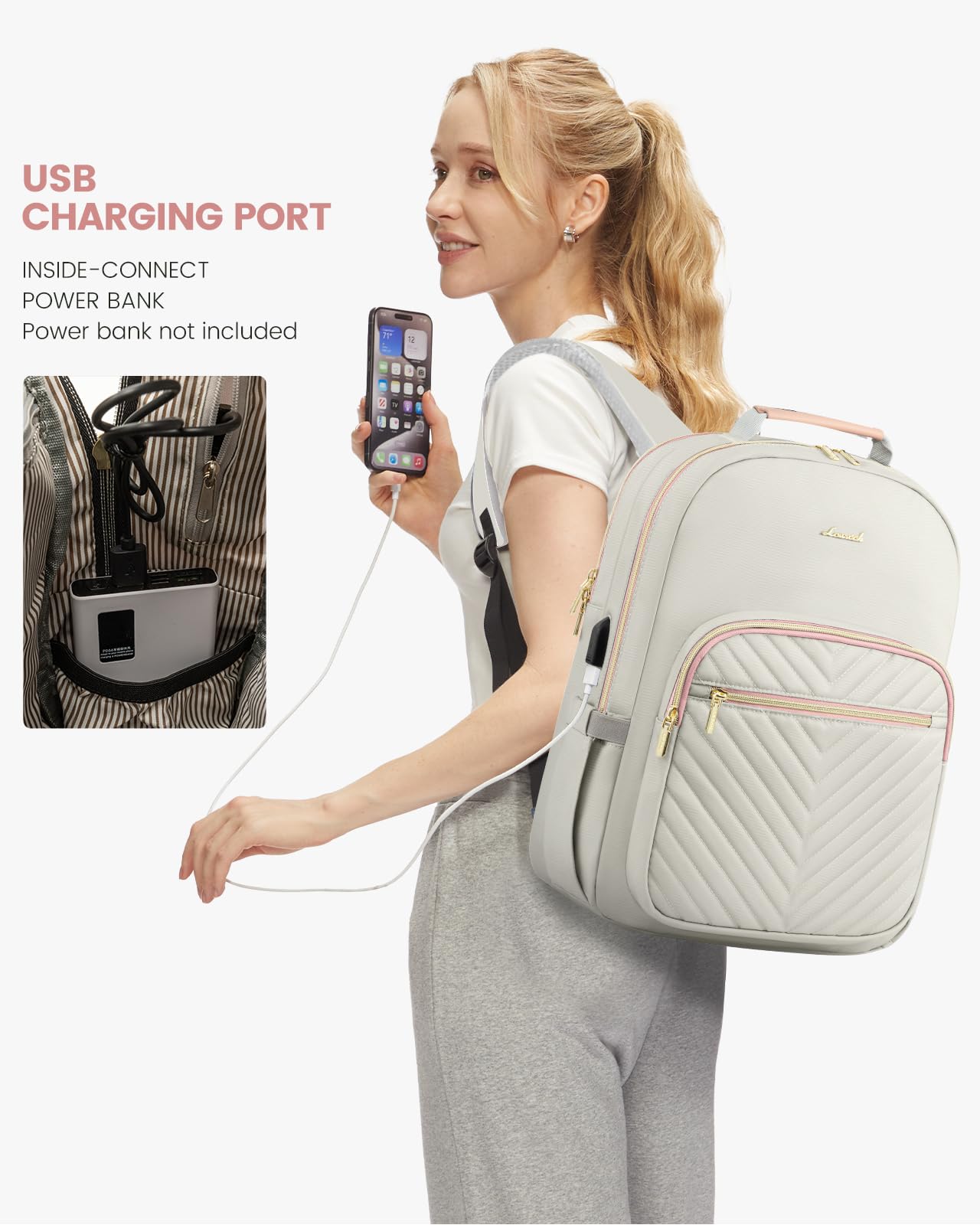 Foto 6 pulgar | Mochila Lovevook Para Portátil De 15.6 Pulgadas Con Puerto Usb Para Mujer, Gris Y Rosa - Venta Internacional.
