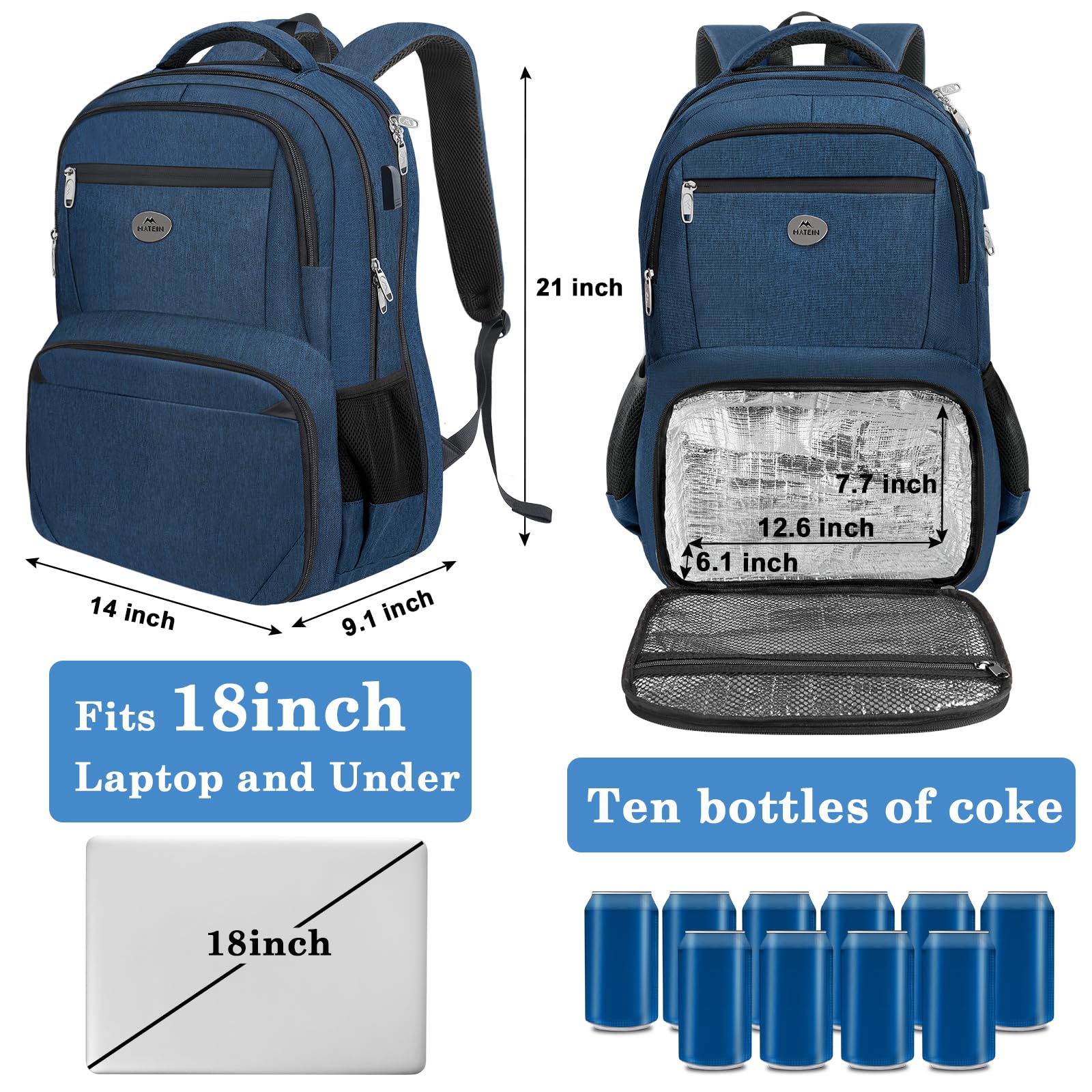 Foto 5 pulgar | Mochila Matein Para Hombre Con Compartimento Para Portátil De 18 Pulgadas Y Bolsa Térmica - Venta Internacional.