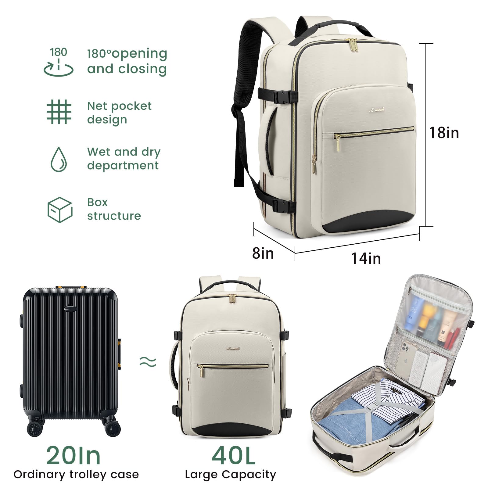 Foto 4 pulgar | Mochila De Viaje Lovevook 40l Para Ordenador Portátil De 17 Pulgadas, Color Beige - Venta Internacional.