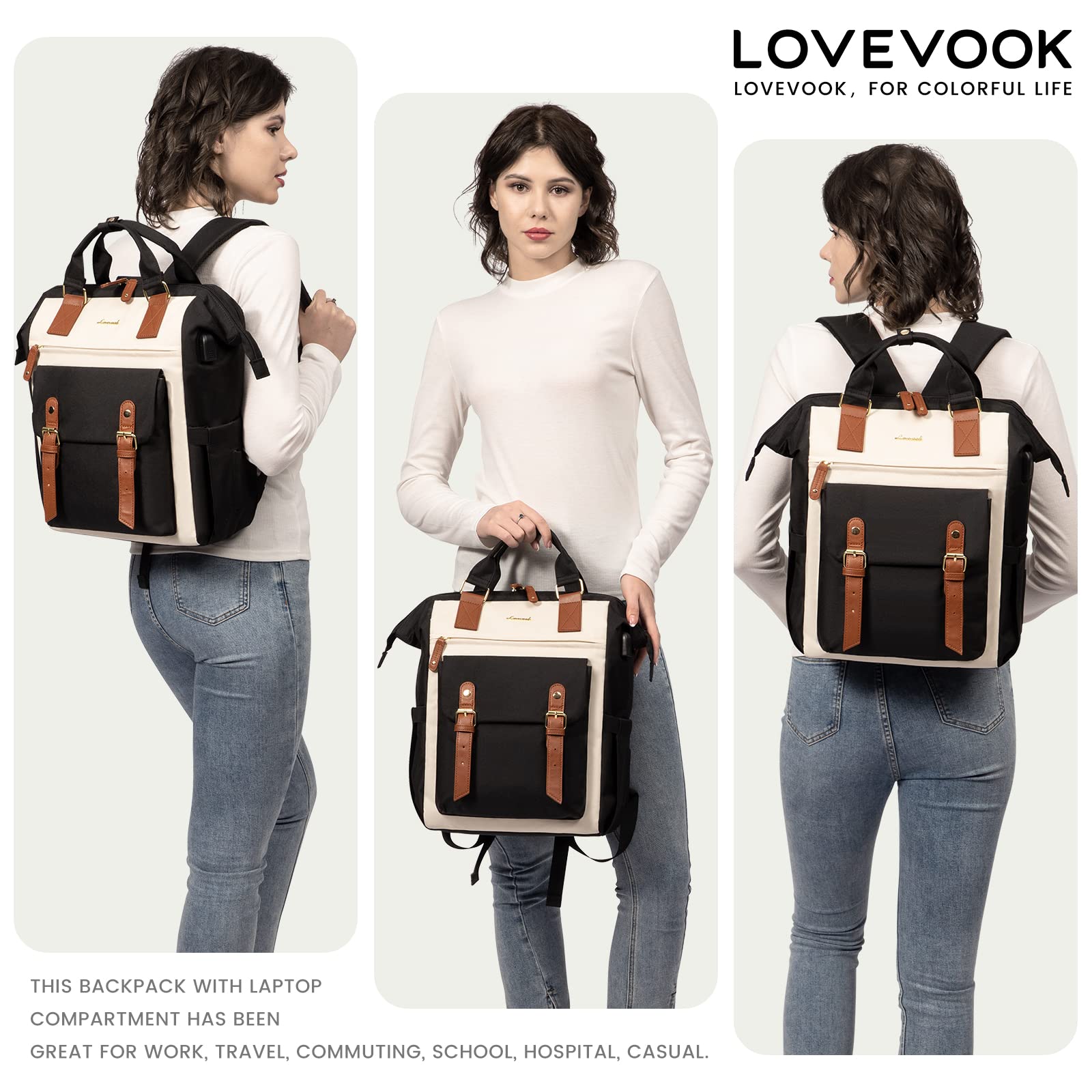 Foto 8 pulgar | Mochila Para Portátil Lovevook Para Mujer De 15,6 Pulgadas, Negro, Beige Y Marrón - Venta Internacional.
