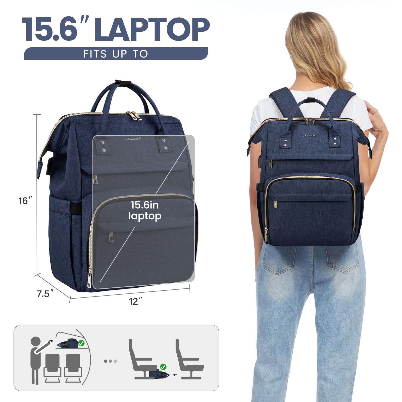 Foto 7 pulgar | Mochila Para Portátil Lovevook Para Mujer, 15.6 Pulgadas, Impermeable, Azul Oscuro - Venta Internacional.