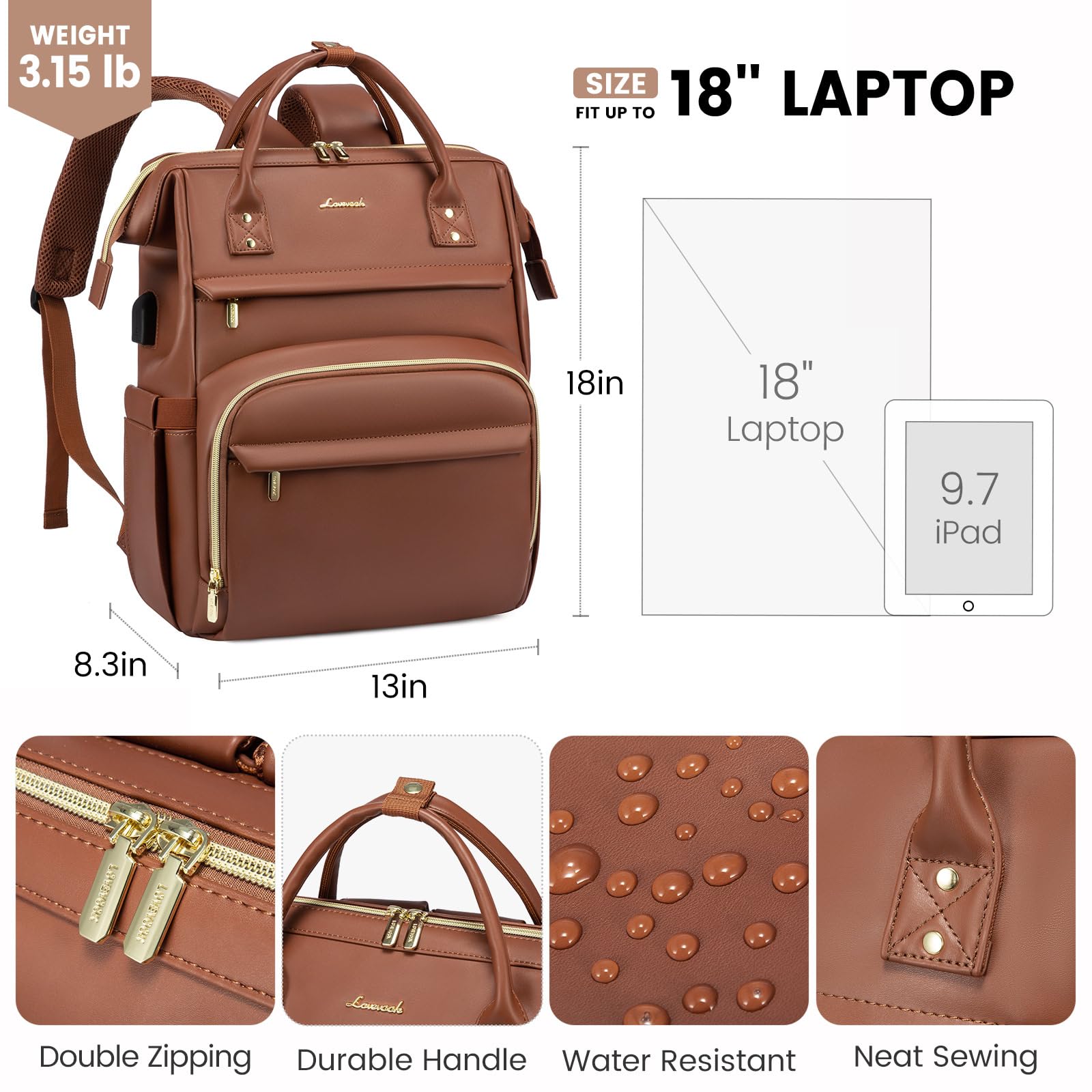 Foto 5 pulgar | Mochila Para Portátil Lovevook De Piel De 18 Pulgadas Para Mujer, Color Marrón - Venta Internacional.