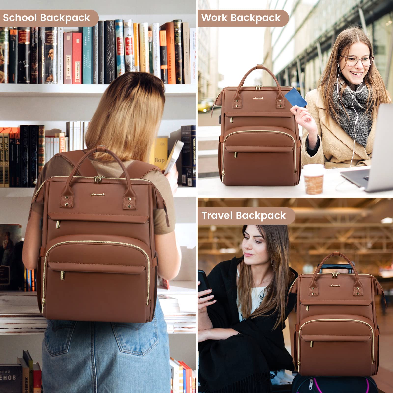 Foto 7 pulgar | Mochila Para Portátil Lovevook De Piel De 18 Pulgadas Para Mujer, Color Marrón - Venta Internacional.