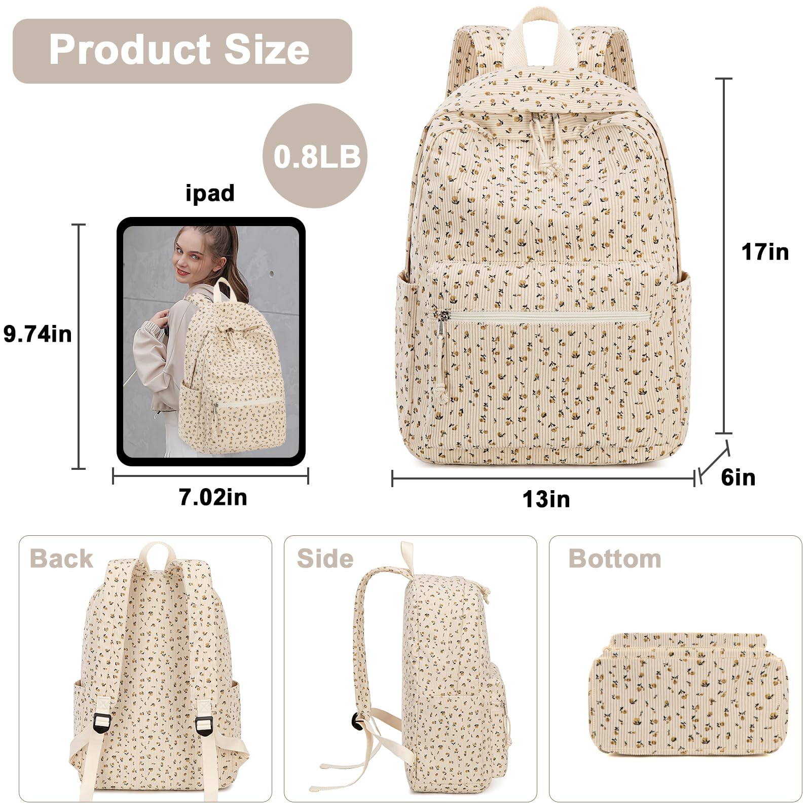 Foto 3 pulgar | Mochila Escolar Btoop Corduroy Para Portátil De 17 Pulgadas Para Adolescentes - Venta Internacional.
