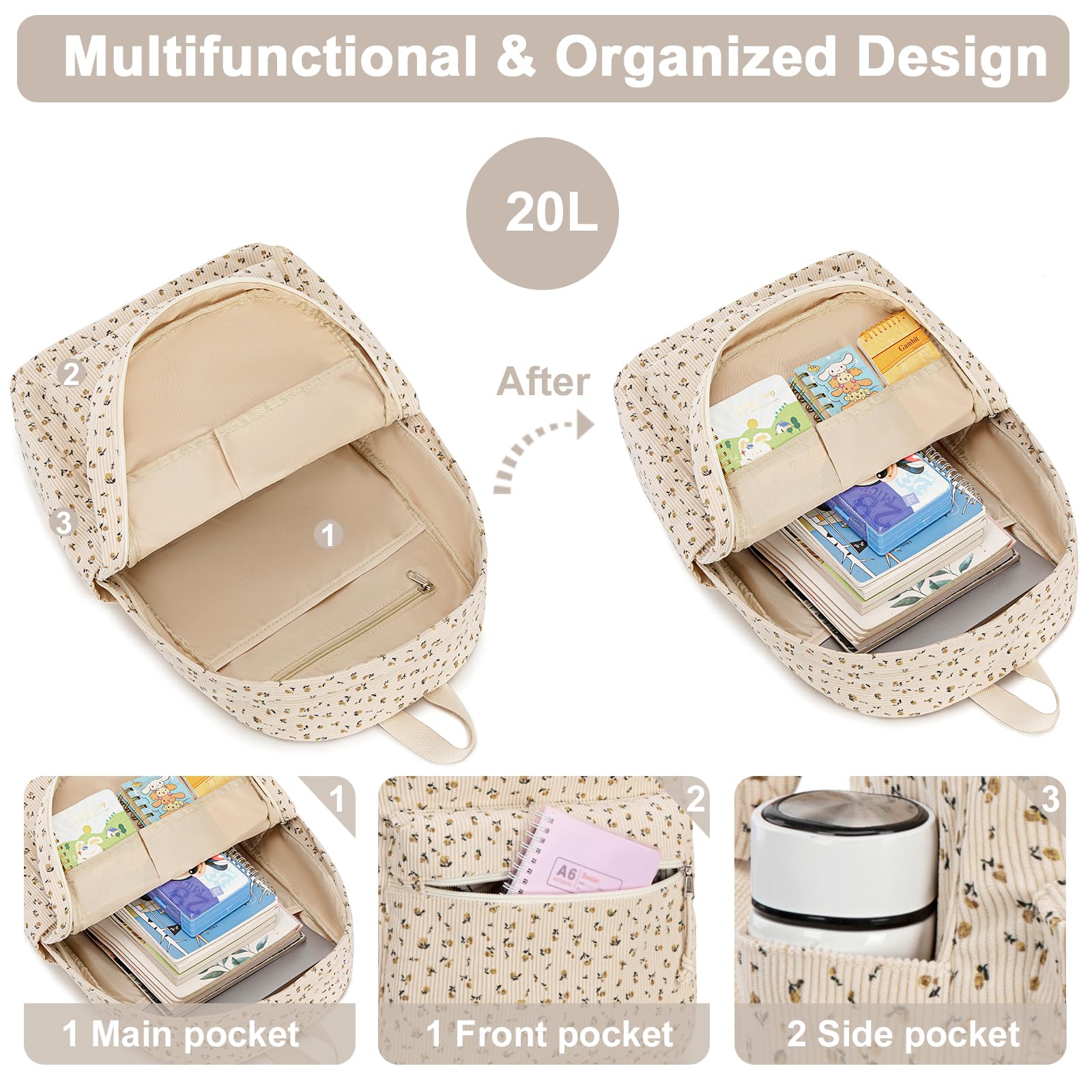 Foto 7 | Mochila Escolar Btoop Corduroy Para Portátil De 17 Pulgadas Para Adolescentes - Venta Internacional.