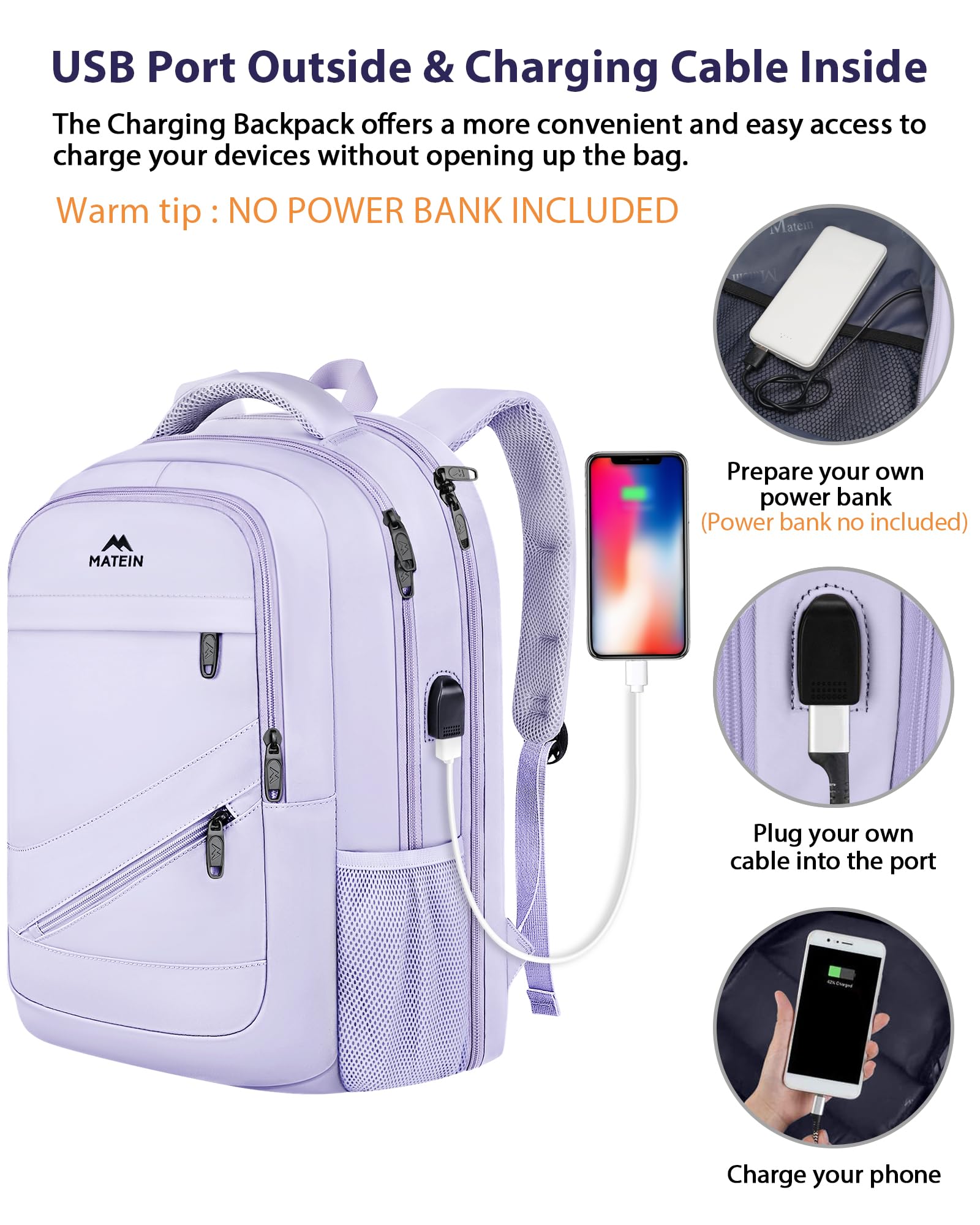 Foto 7 pulgar | Mochila Matein Para Portátil Extragrande De 18,4 Pulgadas Con Puerto Usb, Color Morado - Venta Internacional.