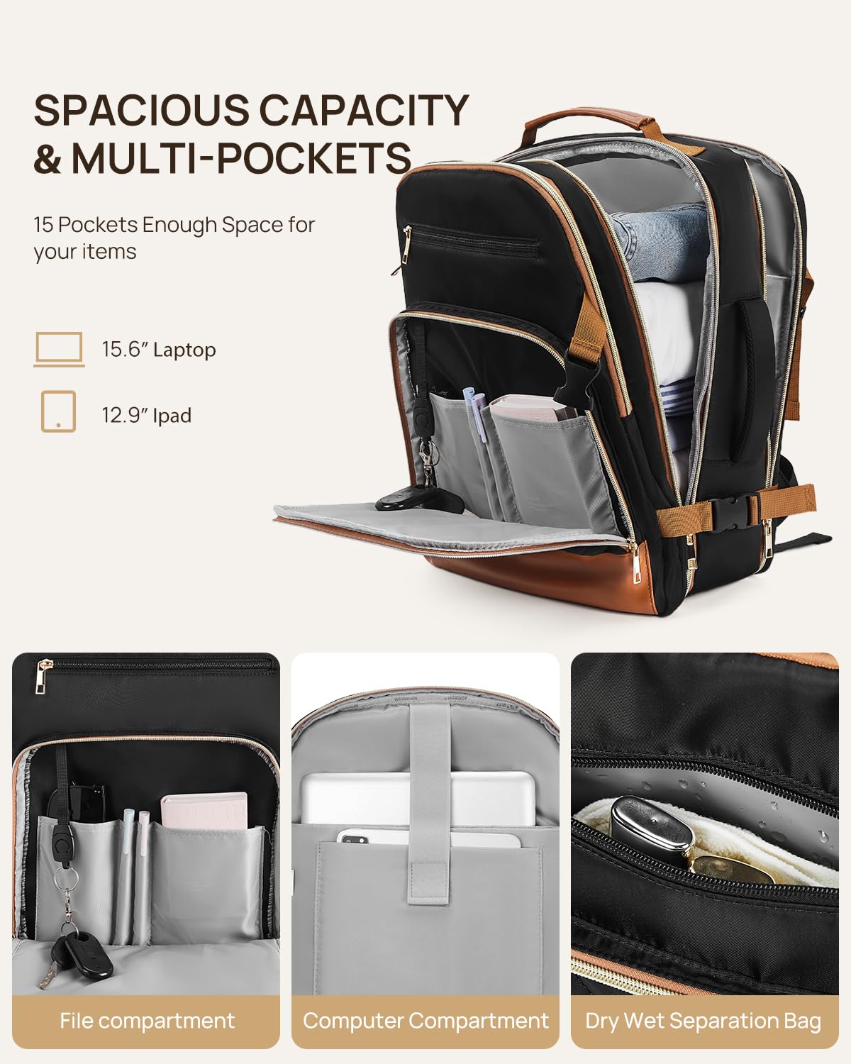 Foto 3 pulgar | Mochila De Viaje Telena Para Portátil De 15.6 Pulgadas Para Mujer, Negro-marrón - Venta Internacional.