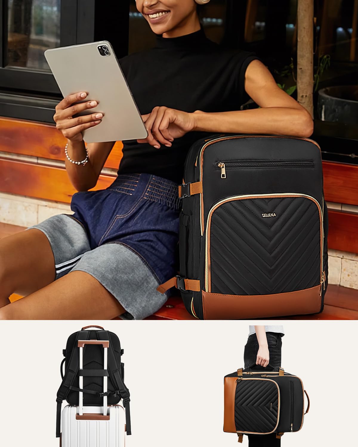 Foto 8 pulgar | Mochila De Viaje Telena Para Portátil De 15.6 Pulgadas Para Mujer, Negro-marrón - Venta Internacional.
