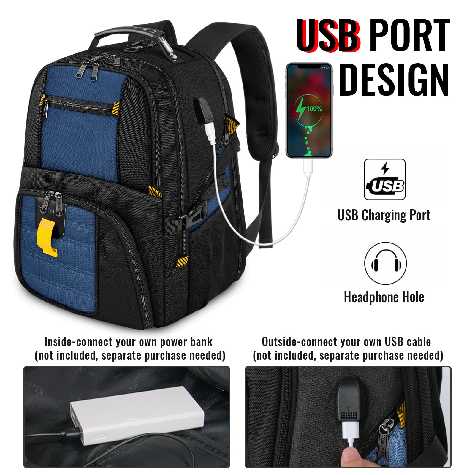 Foto 4 pulgar | Mochila Para Portátil Yorepek 18.4 Con Puerto De Carga Usb Roy Blue - Venta Internacional.