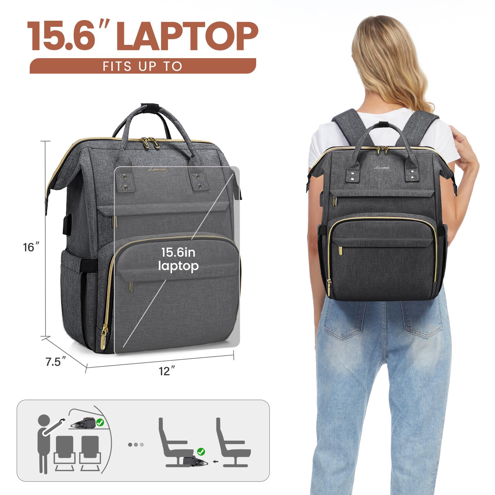 Foto 7 pulgar | Mochila Para Portátil Lovevook Para Mujer, 15.6 Pulgadas, Impermeable, Gris Oscuro - Venta Internacional.