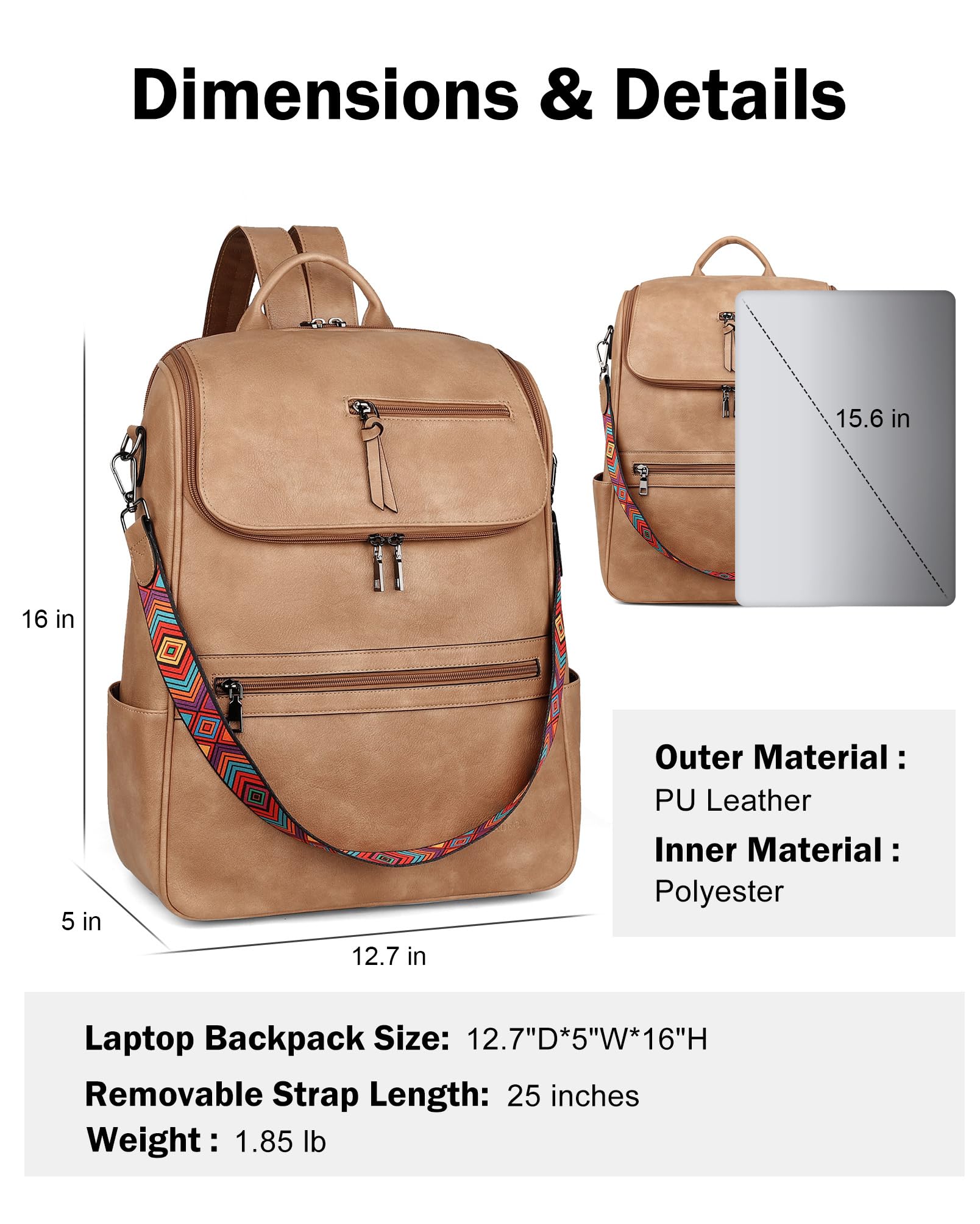 Foto 3 pulgar | Mochila Para Portátil Fadeon Leather Travel 15.6 Pulgadas Para Mujer, Color Camel - Venta Internacional.