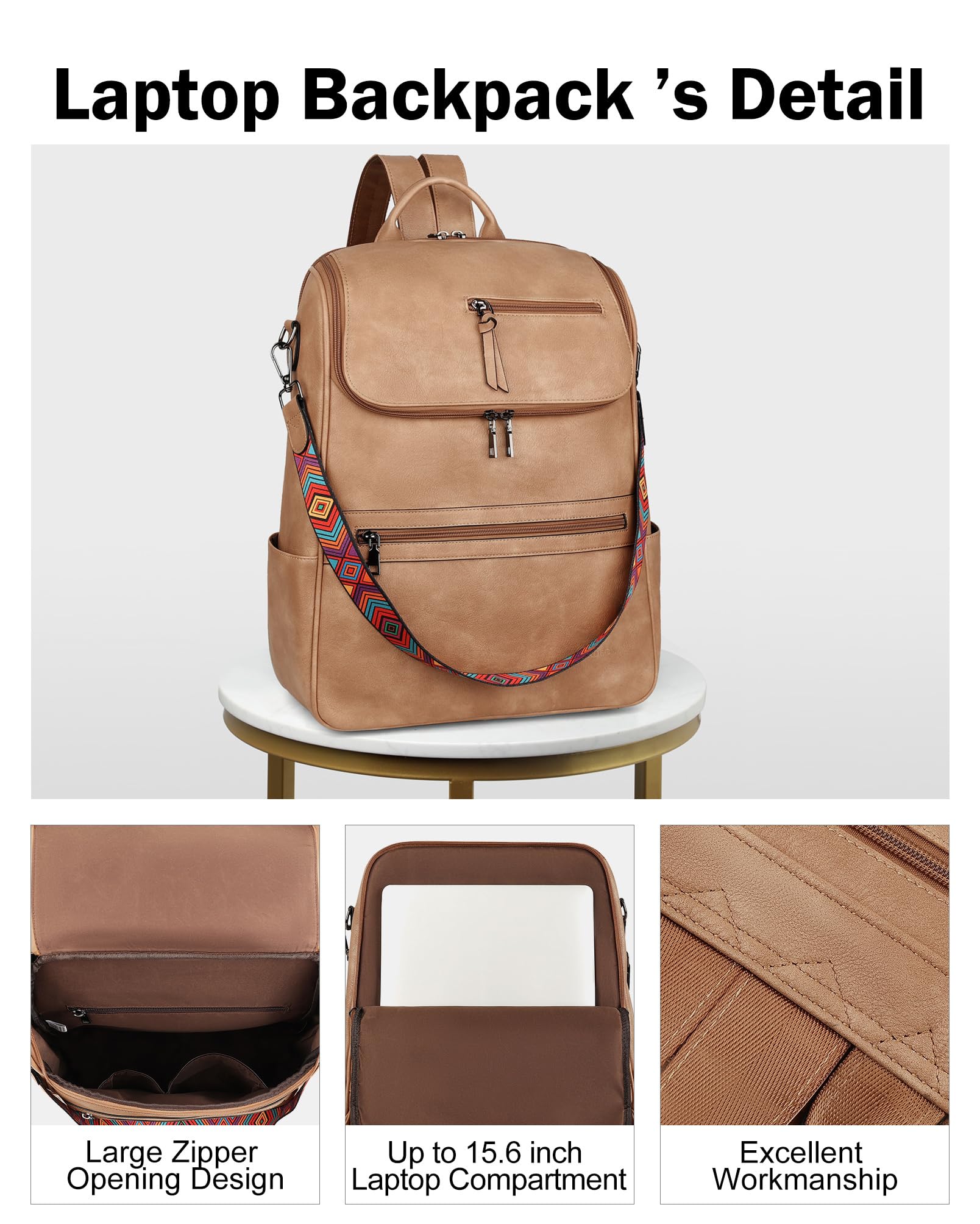 Foto 6 pulgar | Mochila Para Portátil Fadeon Leather Travel 15.6 Pulgadas Para Mujer, Color Camel - Venta Internacional.