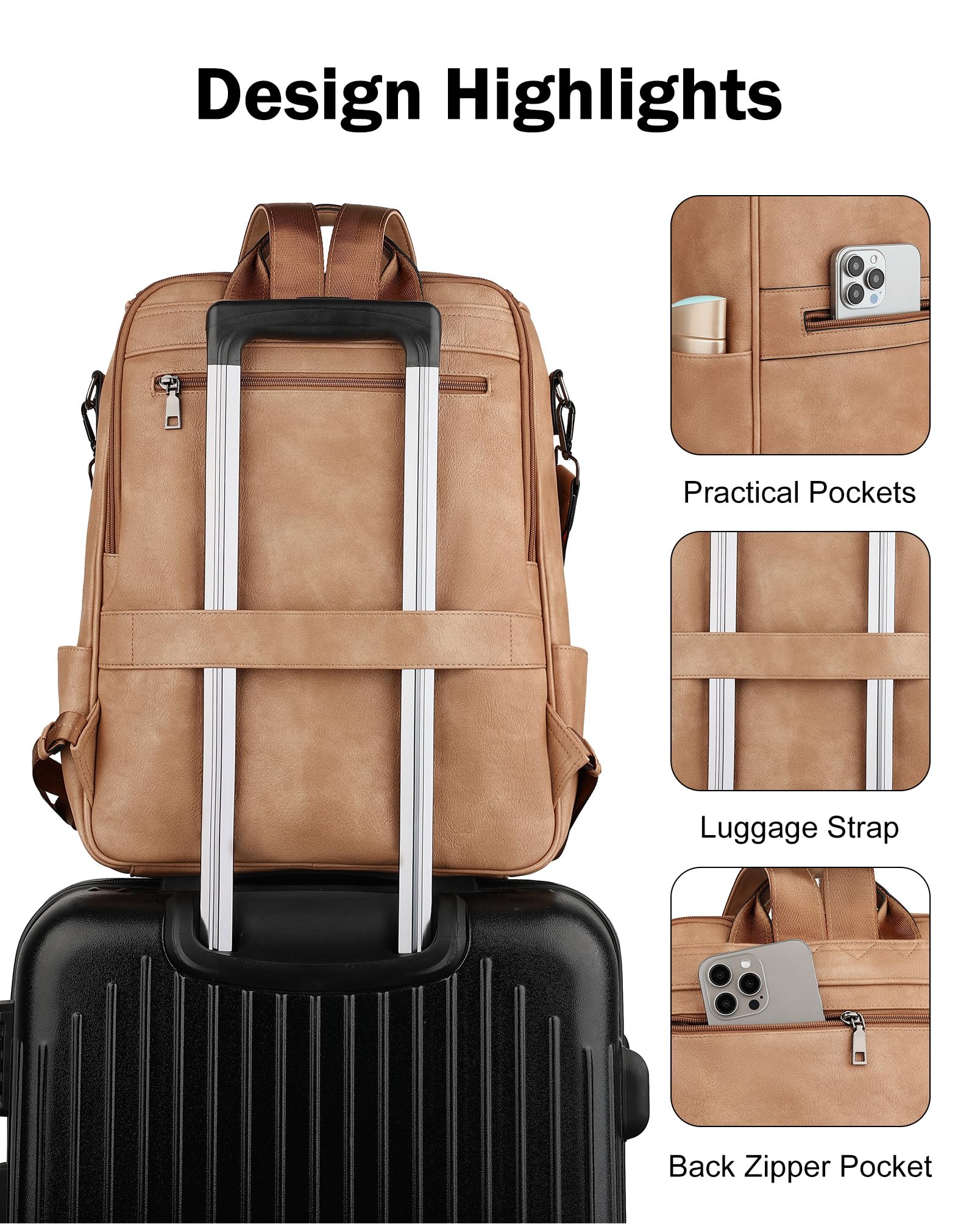 Foto 6 | Mochila Para Portátil Fadeon Leather Travel 15.6 Pulgadas Para Mujer, Color Camel - Venta Internacional.