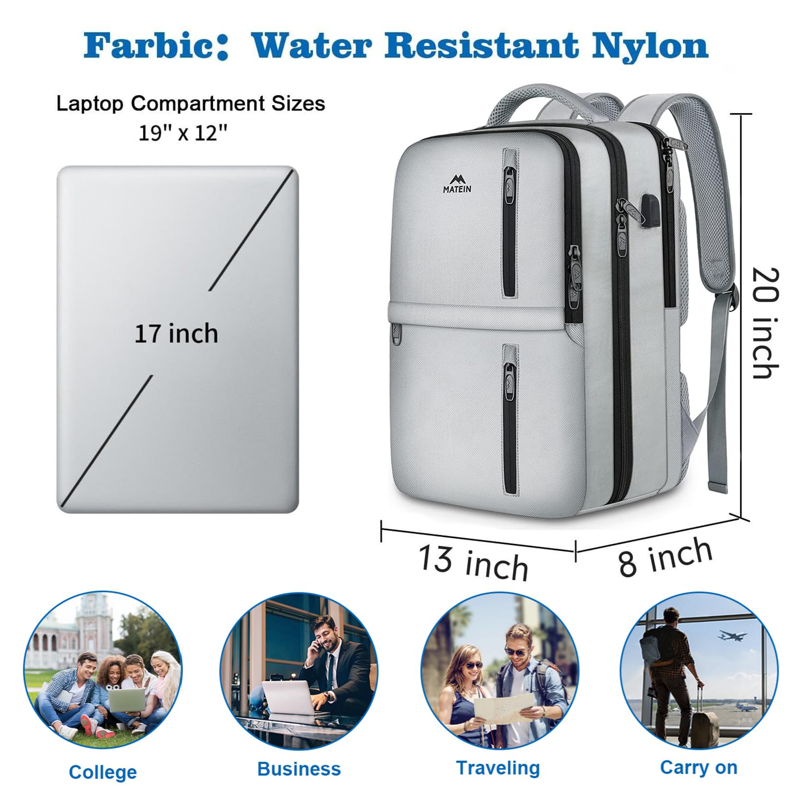 Foto 3 pulgar | Mochila De Viaje Para Portátil Matein De 17 Pulgadas Y 40 L, Resistente Al Agua - Venta Internacional.