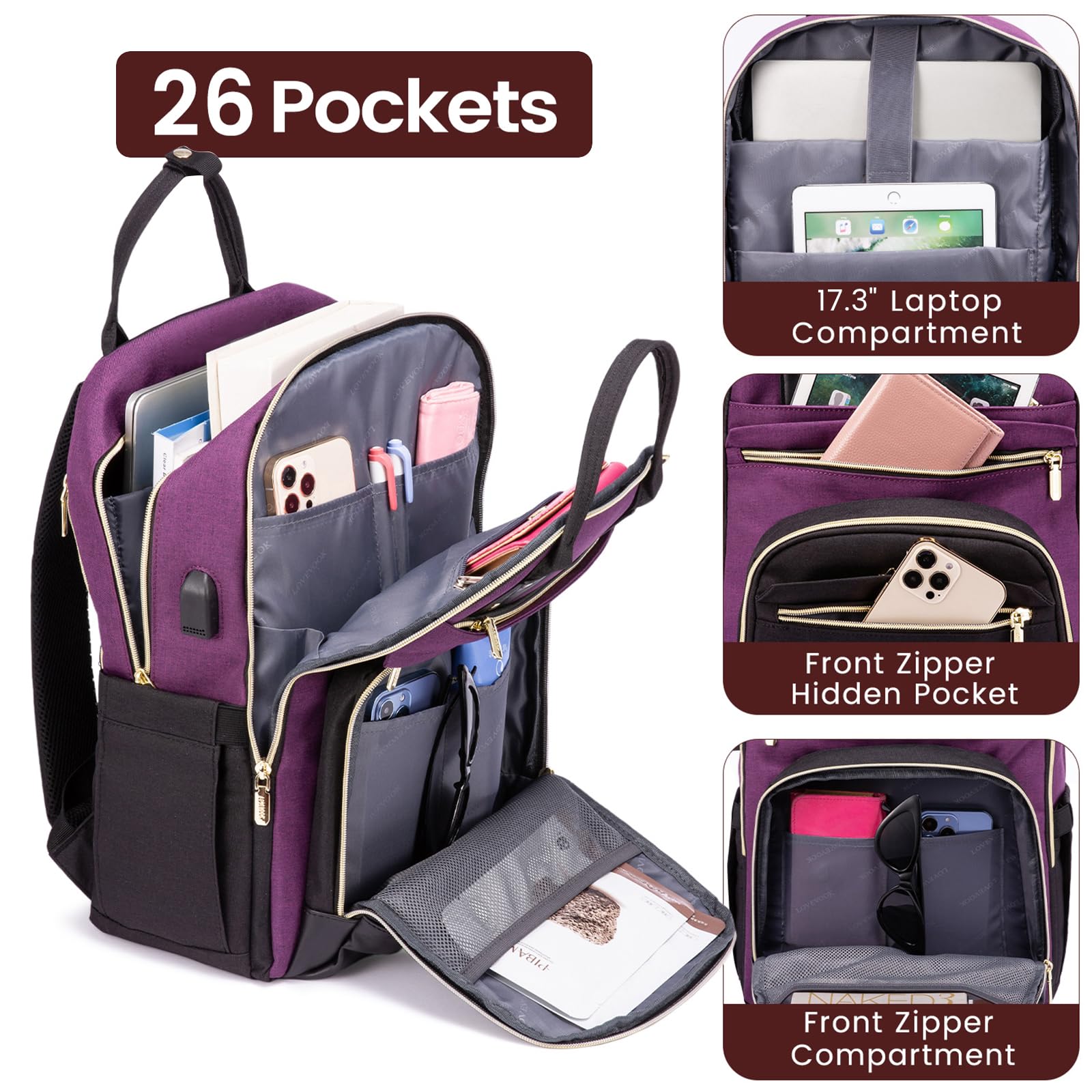 Foto 4 pulgar | Mochila Lovevook Para Portátil De Mujer, 17 Pulgadas, Impermeable, Color Morado - Venta Internacional.