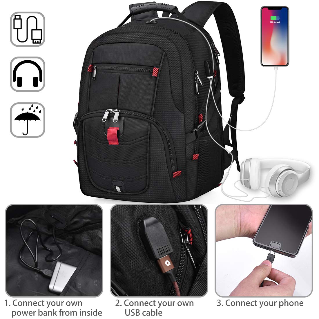 Foto 6 pulgar | Mochila Para Portátil Nubily Impermeable De 18.4 Pulgadas Para Viajes, Color Negro - Venta Internacional.