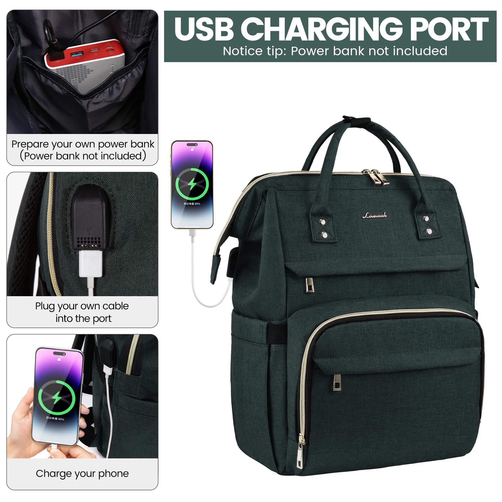 Foto 4 pulgar | Mochila Para Portátil Lovevook Para Mujer, 17 Pulgadas, Impermeable, Verde Oscuro - Venta Internacional.