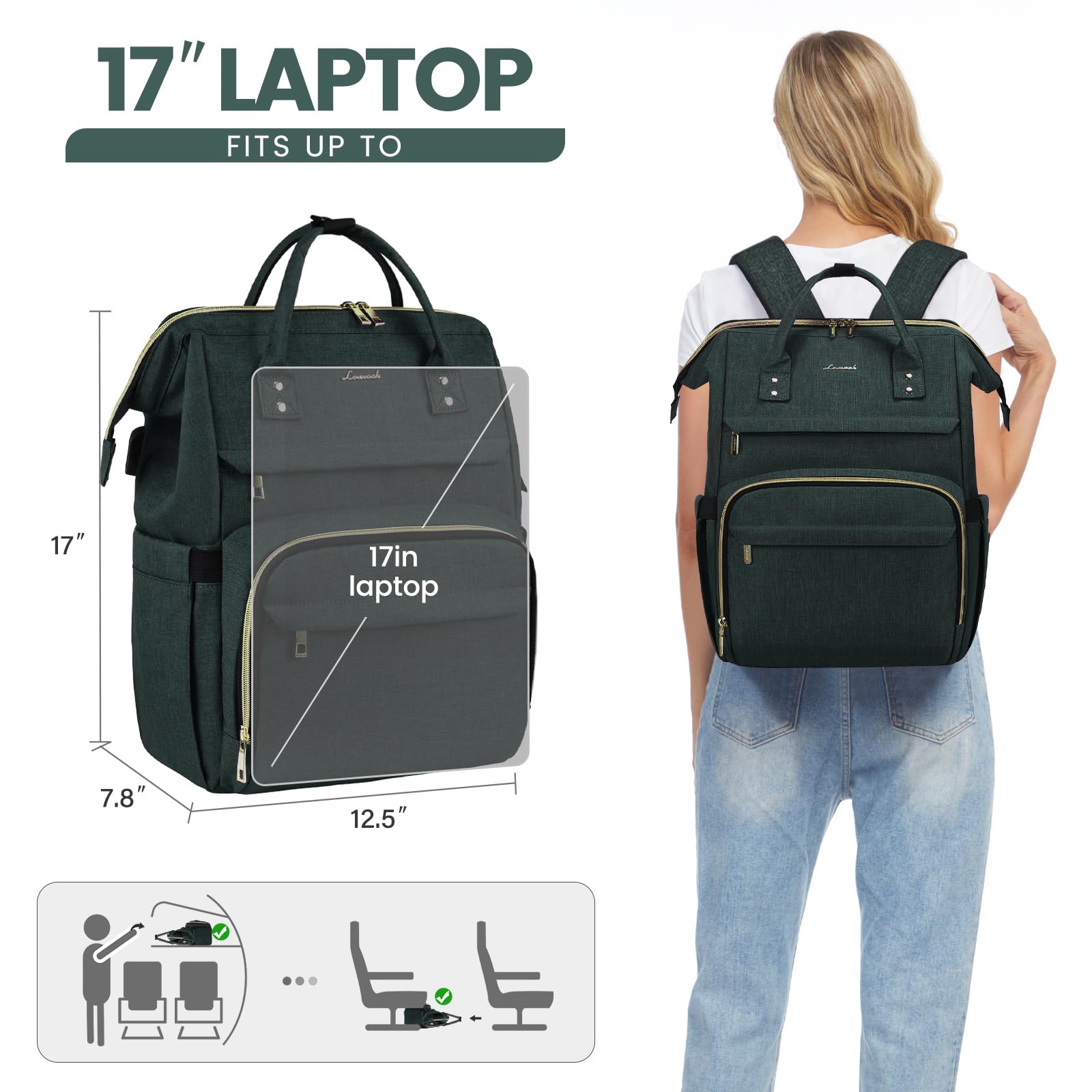 Foto 6 pulgar | Mochila Para Portátil Lovevook Para Mujer, 17 Pulgadas, Impermeable, Verde Oscuro - Venta Internacional.