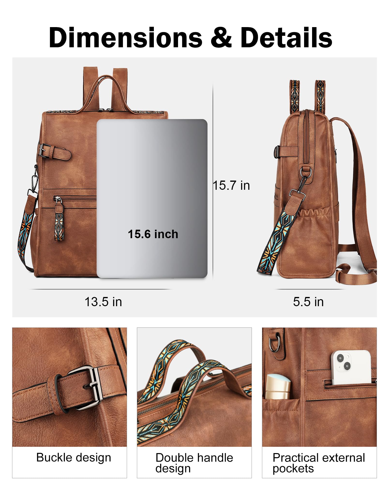 Foto 4 pulgar | Mochila De Piel Para Portátil Fadeon Para Mujer, Marrón, Impermeable - Venta Internacional.
