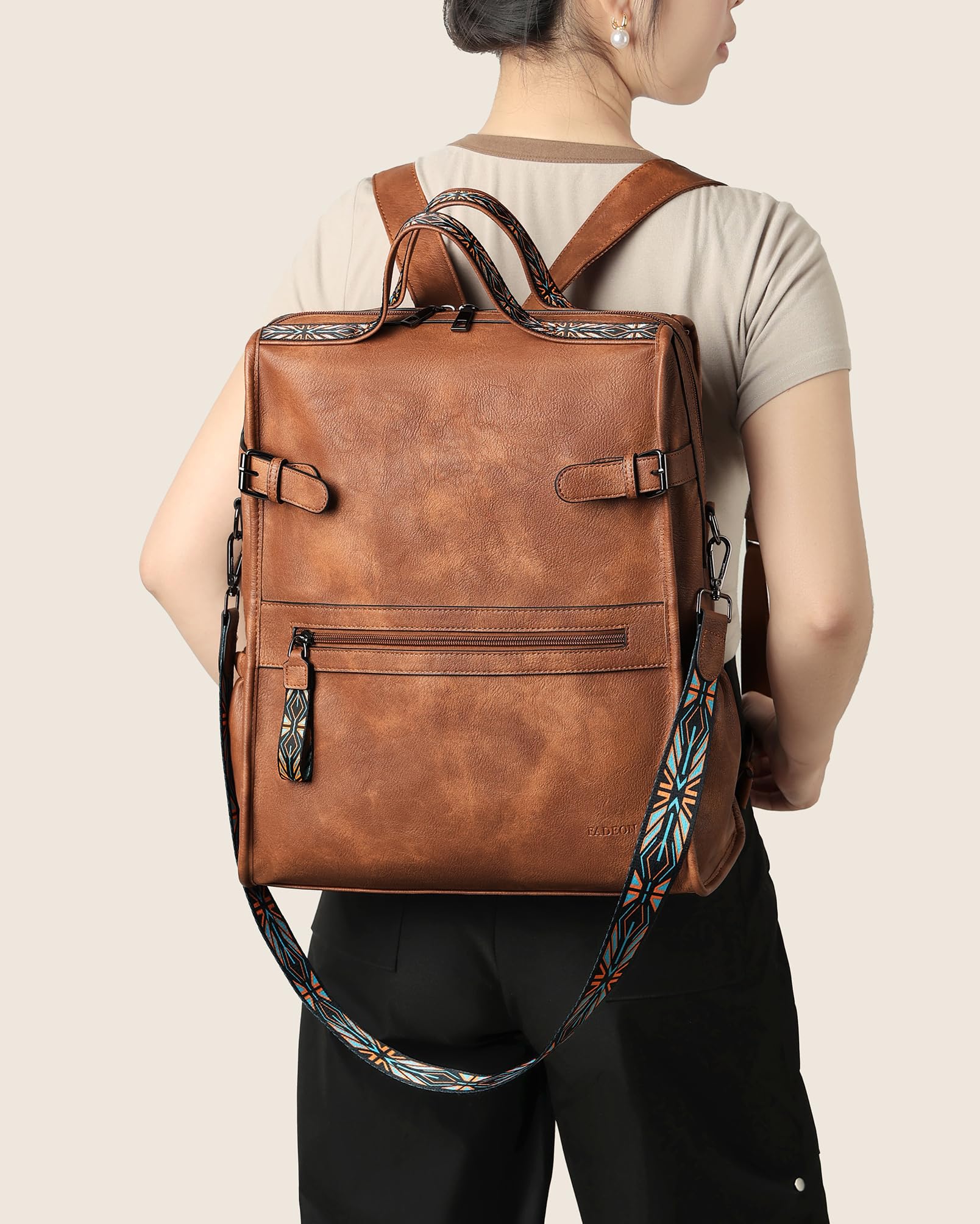 Foto 5 pulgar | Mochila De Piel Para Portátil Fadeon Para Mujer, Marrón, Impermeable - Venta Internacional.