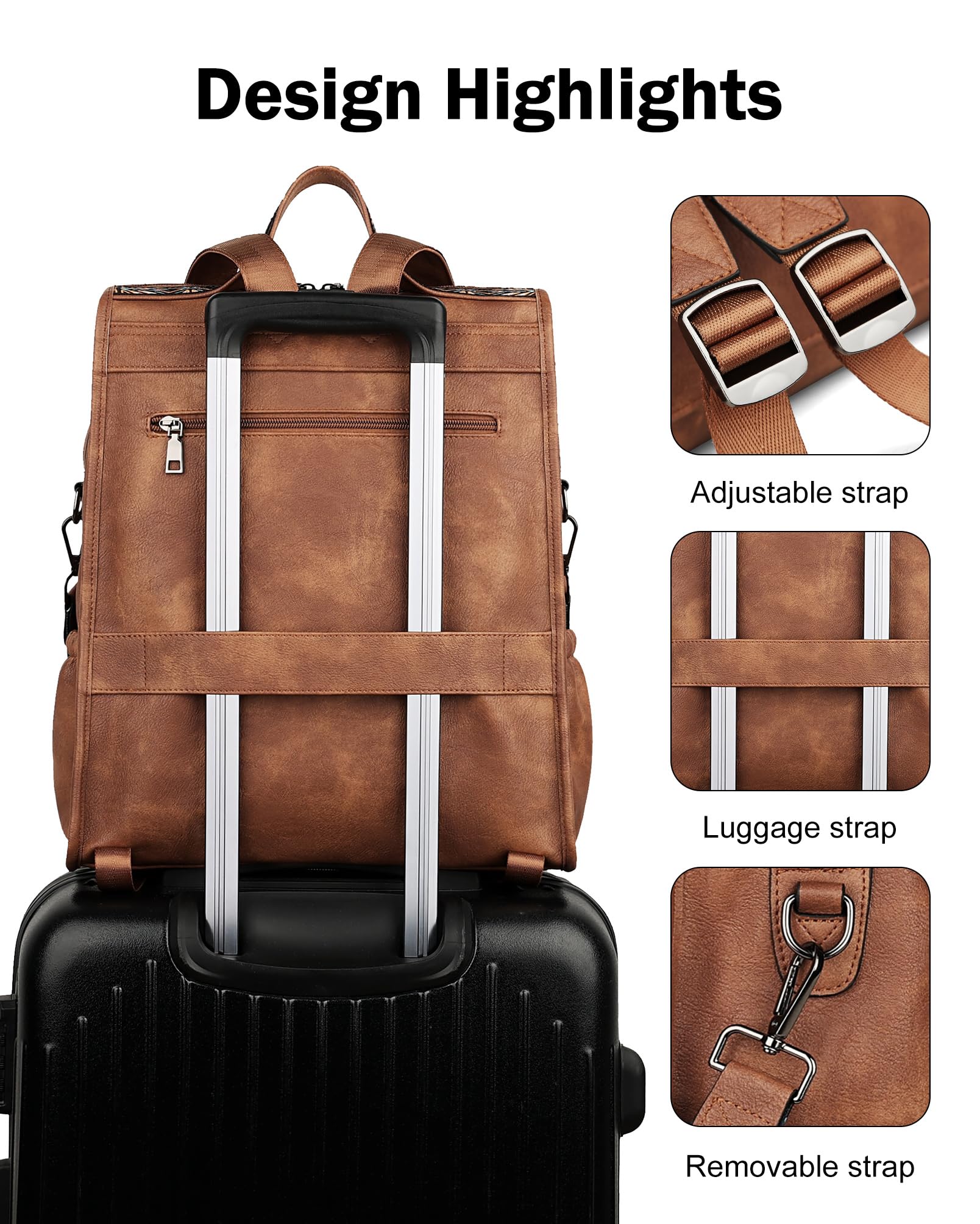 Foto 7 pulgar | Mochila De Piel Para Portátil Fadeon Para Mujer, Marrón, Impermeable - Venta Internacional.