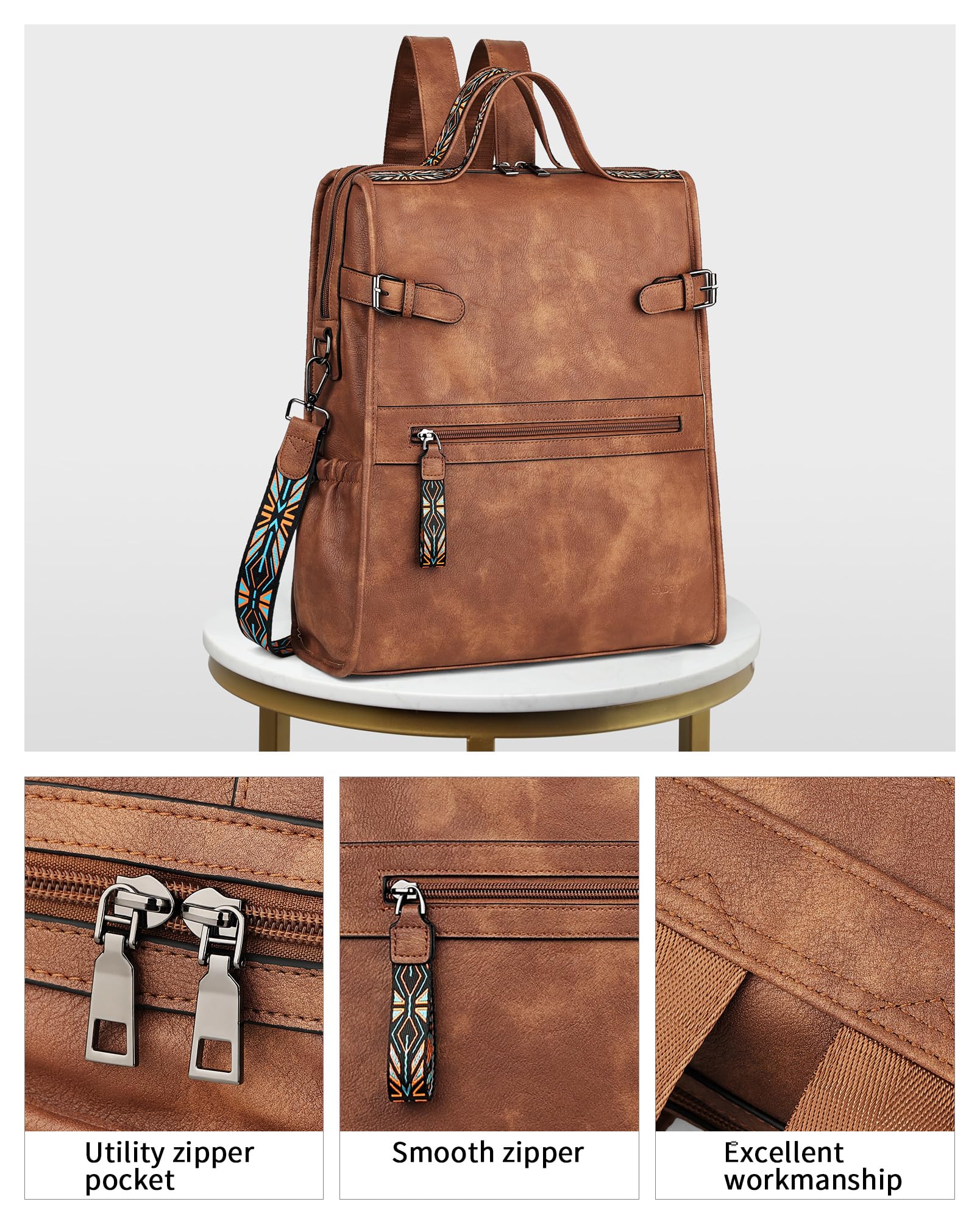 Foto 8 pulgar | Mochila De Piel Para Portátil Fadeon Para Mujer, Marrón, Impermeable - Venta Internacional.