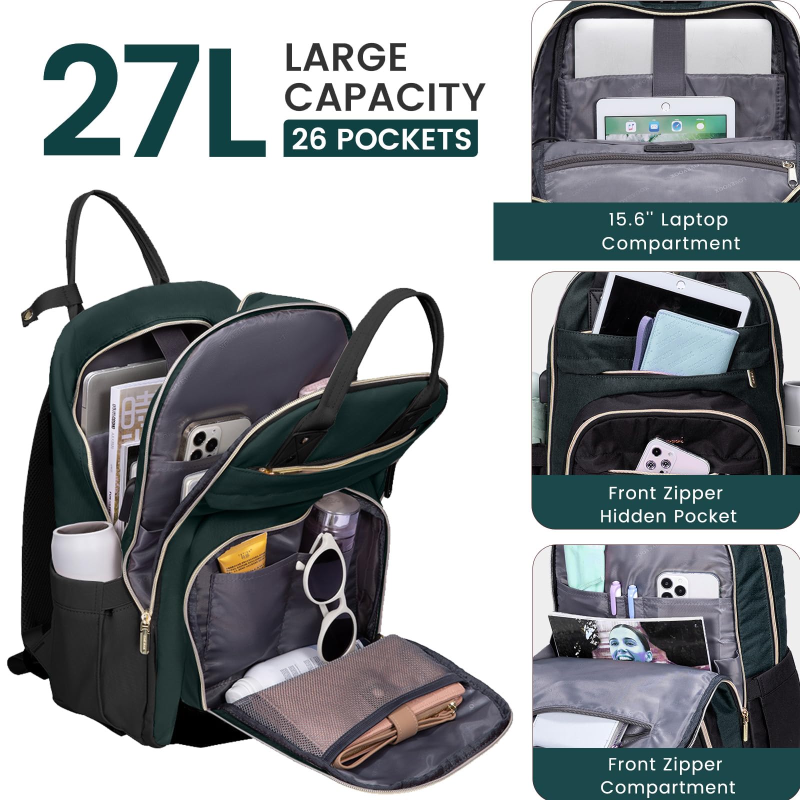 Foto 4 pulgar | Mochila Para Portátil Lovevook Para Mujer De 15.6 Pulgadas, Color Verde Oscuro - Venta Internacional.