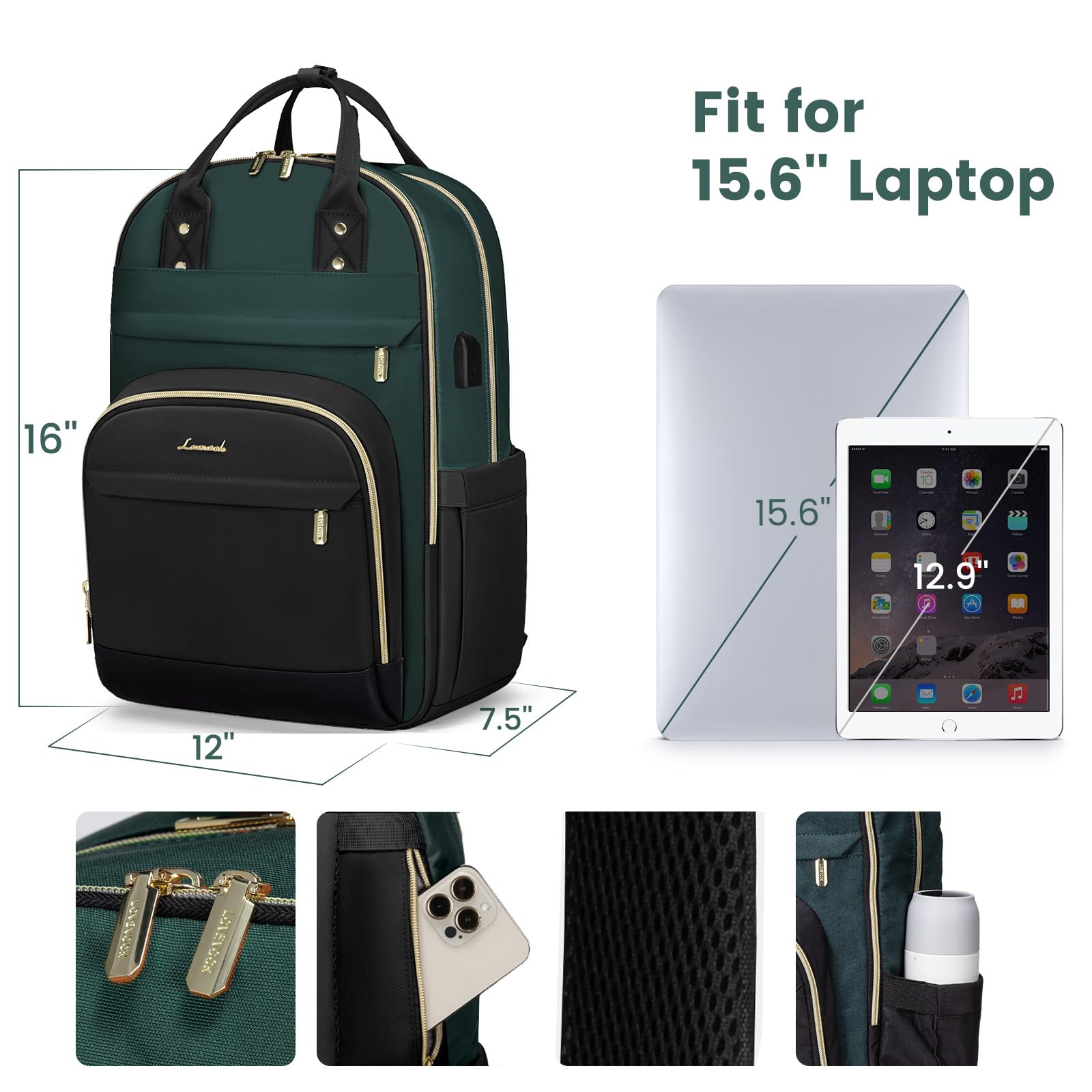 Foto 5 pulgar | Mochila Para Portátil Lovevook Para Mujer De 15.6 Pulgadas, Color Verde Oscuro - Venta Internacional.