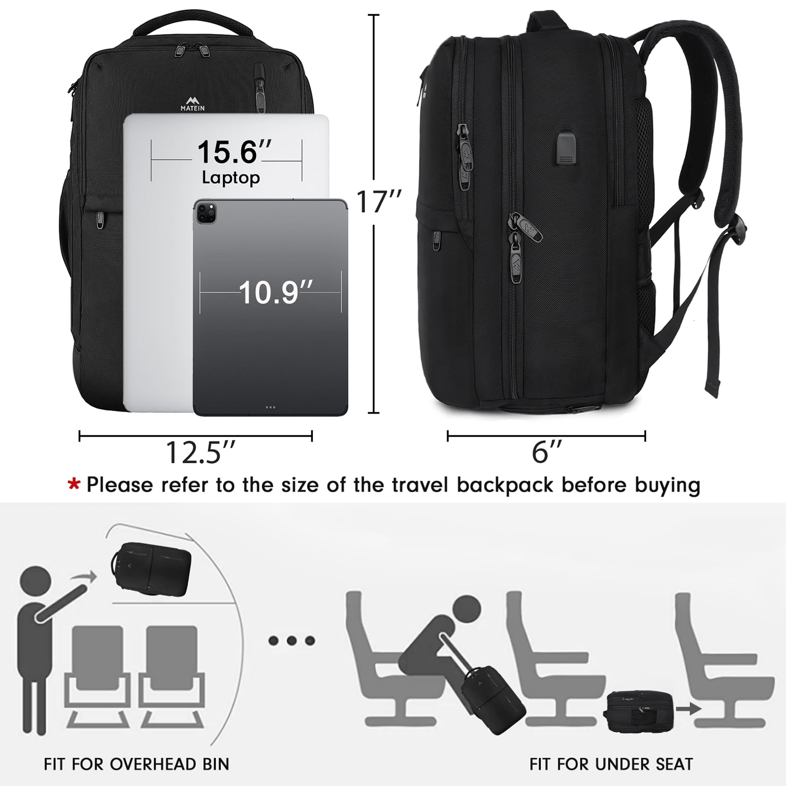 Foto 3 pulgar | Mochila De Viaje Para Portátil Matein De 15.6 Pulgadas Con Puerto Usb Negra - Venta Internacional.