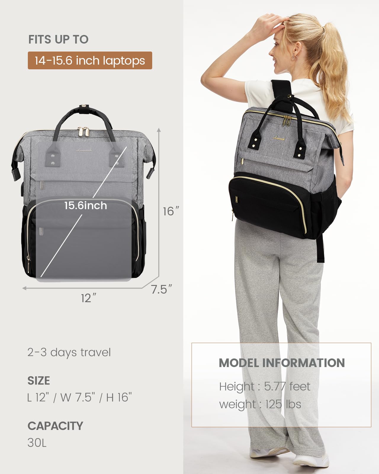 Foto 6 | Mochila Para Portátil Lovevook Fashion Para Mujer 15.6 Pulgadas, Gris Y Negro - Venta Internacional.
