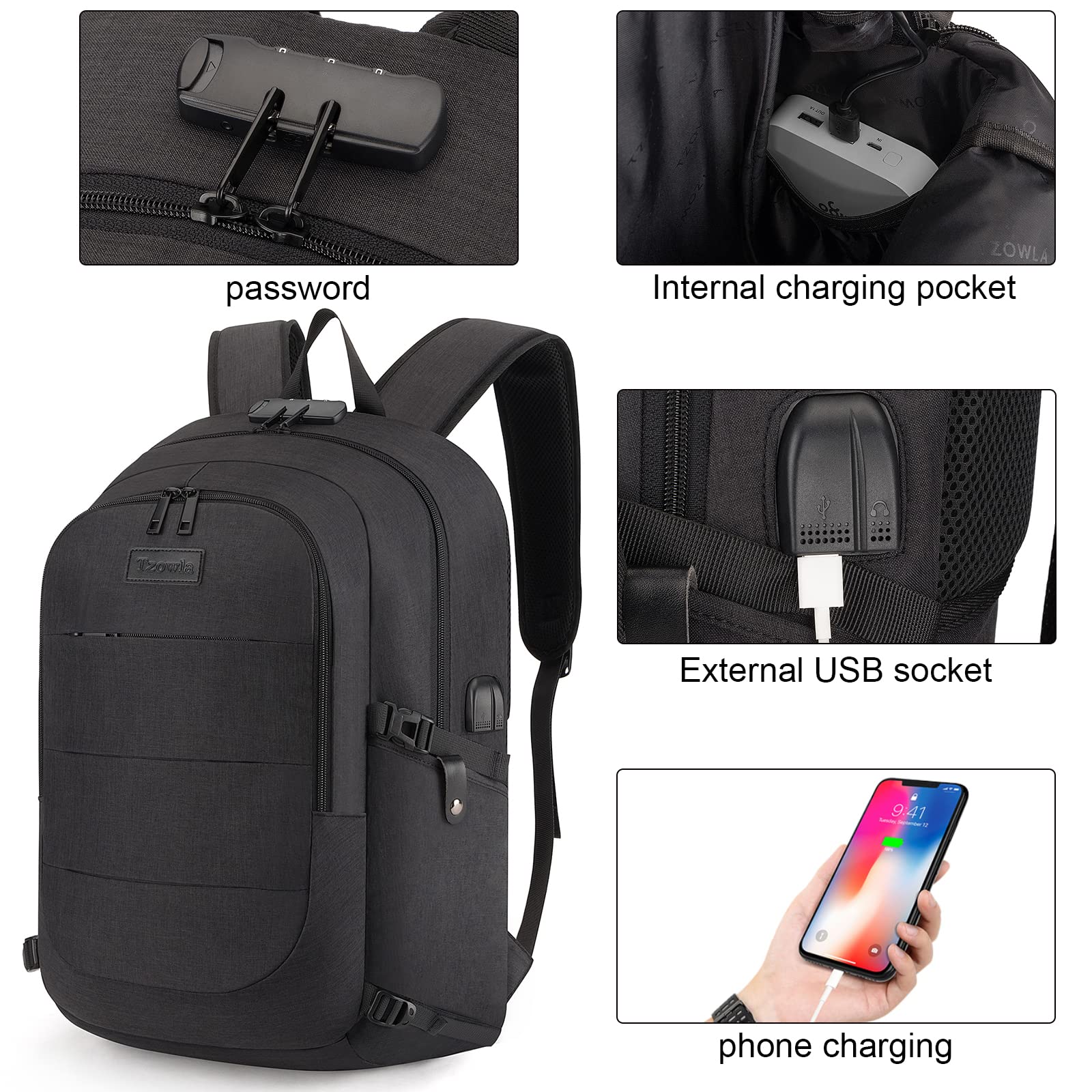 Foto 2 | Mochila Para Portátil Tzowla Antirrobo, Resistente Al Agua, 17.3 Pulgadas, Negra - Venta Internacional.